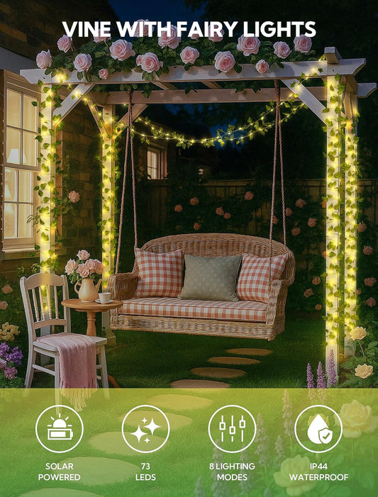 woohaha Solar Vine with Fairy Lights,23ft 73LED Ivy String Light for Christmas Decorations,Leaf Light for Bedroom, Room, Wall, Garden, Party, Wedding Decor (Warm White)