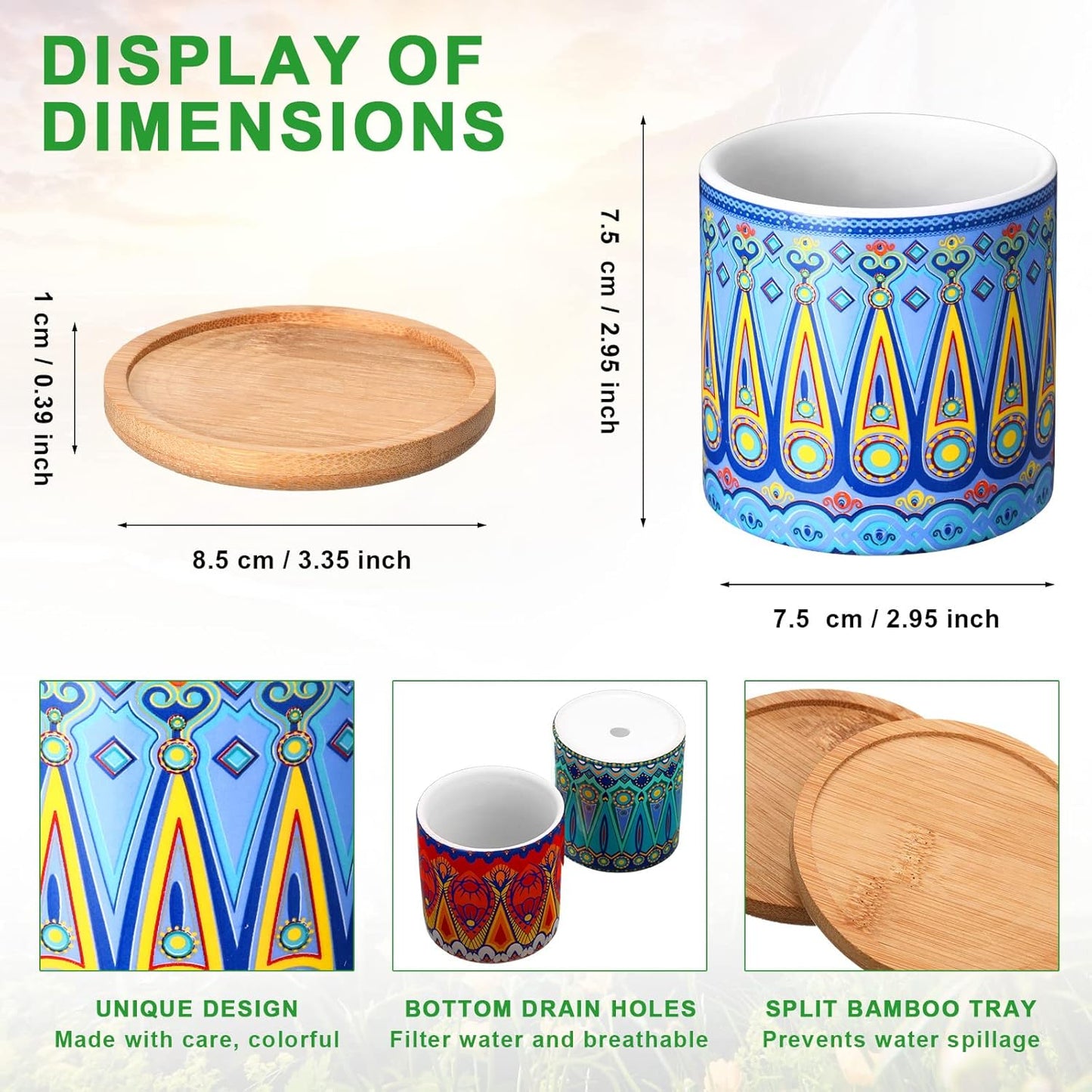 Zopeal 12 Pcs 3 Inch Mandala Ceramic Succulent Pots with Bamboo Trays, Small Indoor Cactus Planters with Drainage Holes for Desk, Windowsill and Home Decor