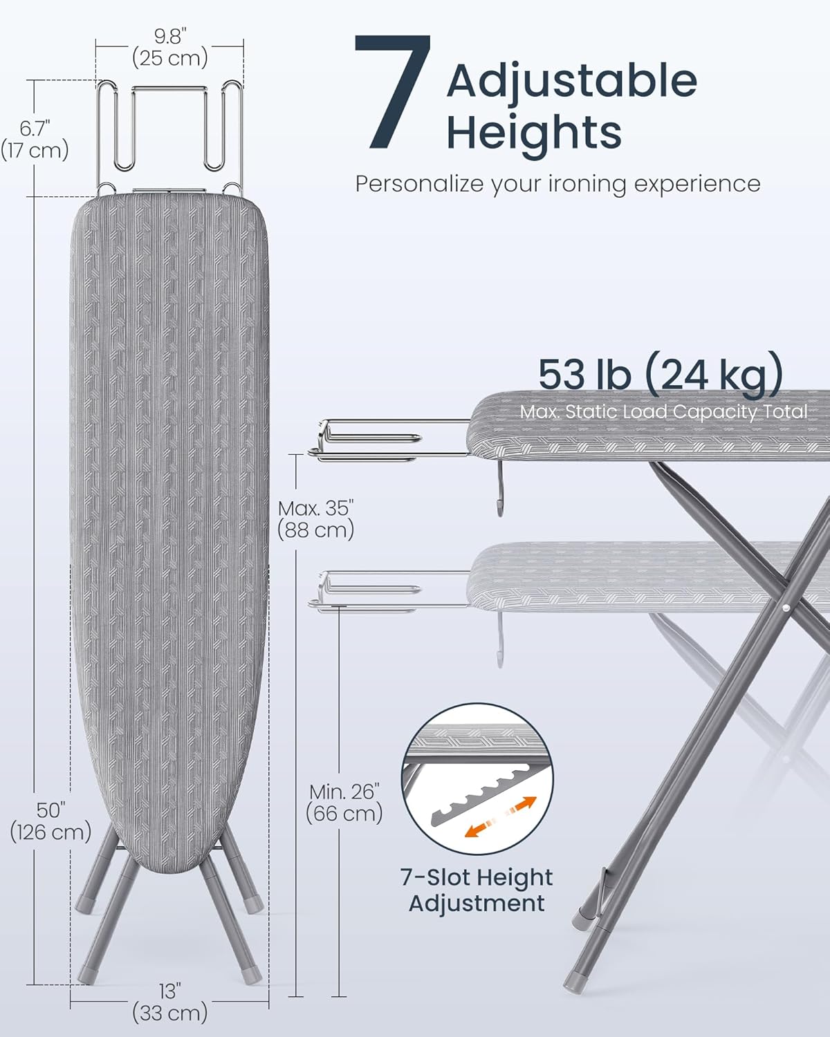 SONGMICS Ironing Board, Foldable Iron Board, Height Adjustable up to 3