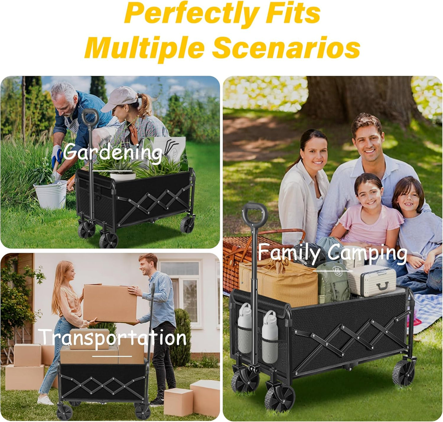 Collapsible Wagons Carts Foldable Wagon, Folding Wagon Cart with All-Terrain Wheels & 2 Cup Holders, Lightweight Portable Foldable Folding Wagons for Beach Camping Grocery Sports Garden, 360 LBS/Black
