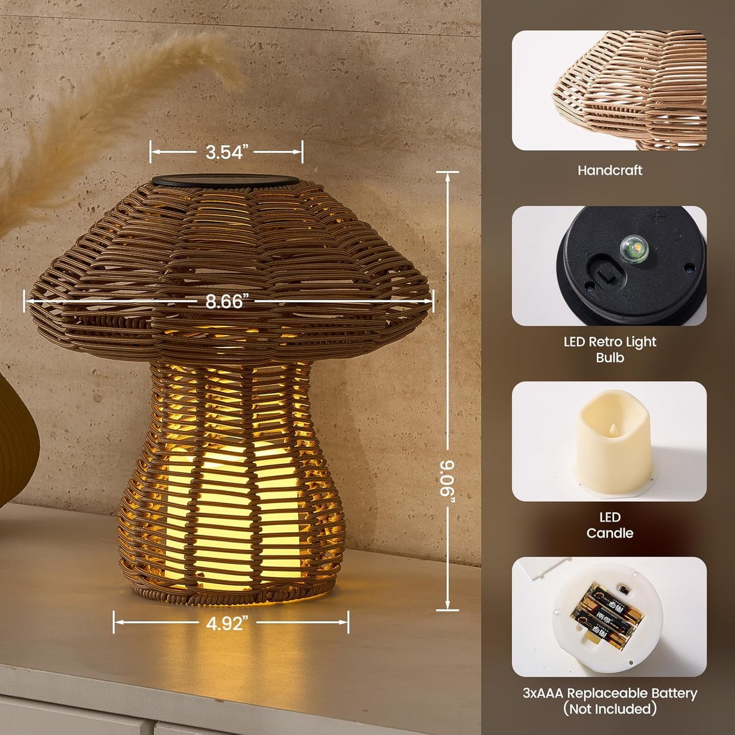Portable Wireless Rattan Lamp for Indoor Outdoor, CE,RoHS Certified Solar Rechargeable & Replaceable Battery LED light, Handmade Small Table Light with Warm Candle Bulb for Patio Bedroom Restaurant