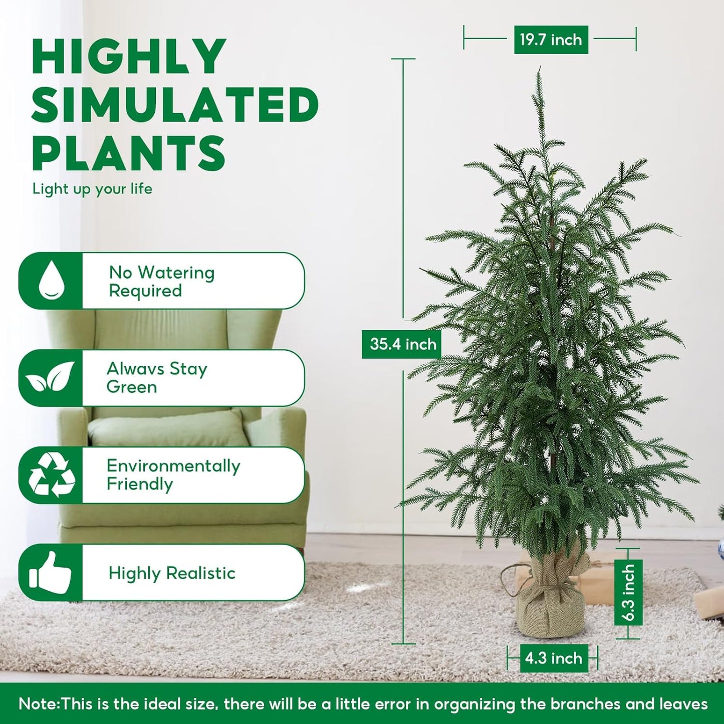 Artificial Norfolk Pine Trees 2 Pack, 3FT Fake Potted Tree with Decorative Burlap Base & Real Touch Leaves, UV Protected Indoor Outdoor Plant for Home Office Garden Decor