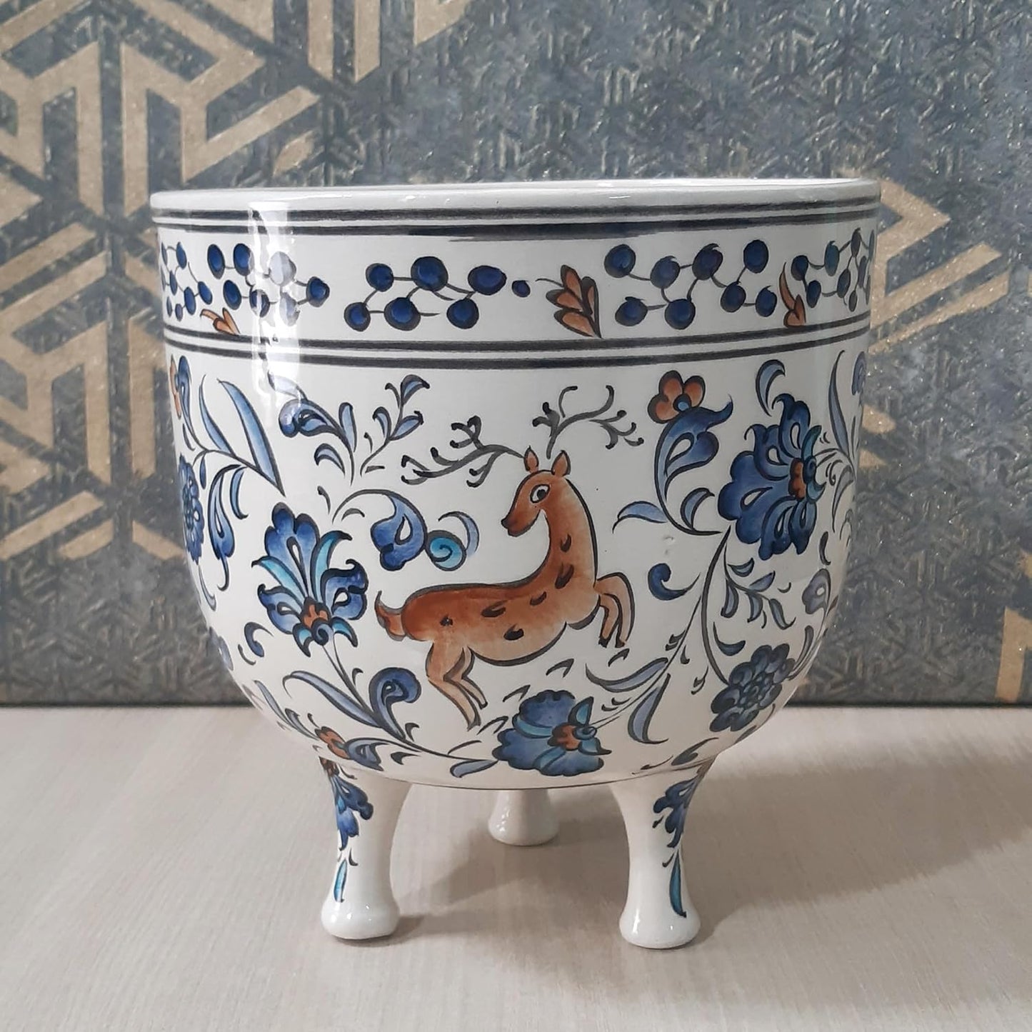 Handmade and Hand-Decorated Planter Pot, Chinoiserie Pot, Blue and White Pot