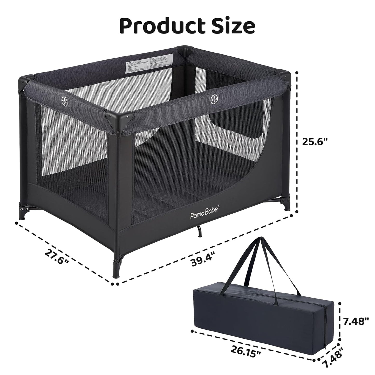 Pamo Babe Compact Pack and Play - Portable Crib for Baby, Lightweight Foldable Travel Playard with Mattress Pad & Carry Bag, Safe Breathable Travel Bed for Home, Trips & Family Visits, Black