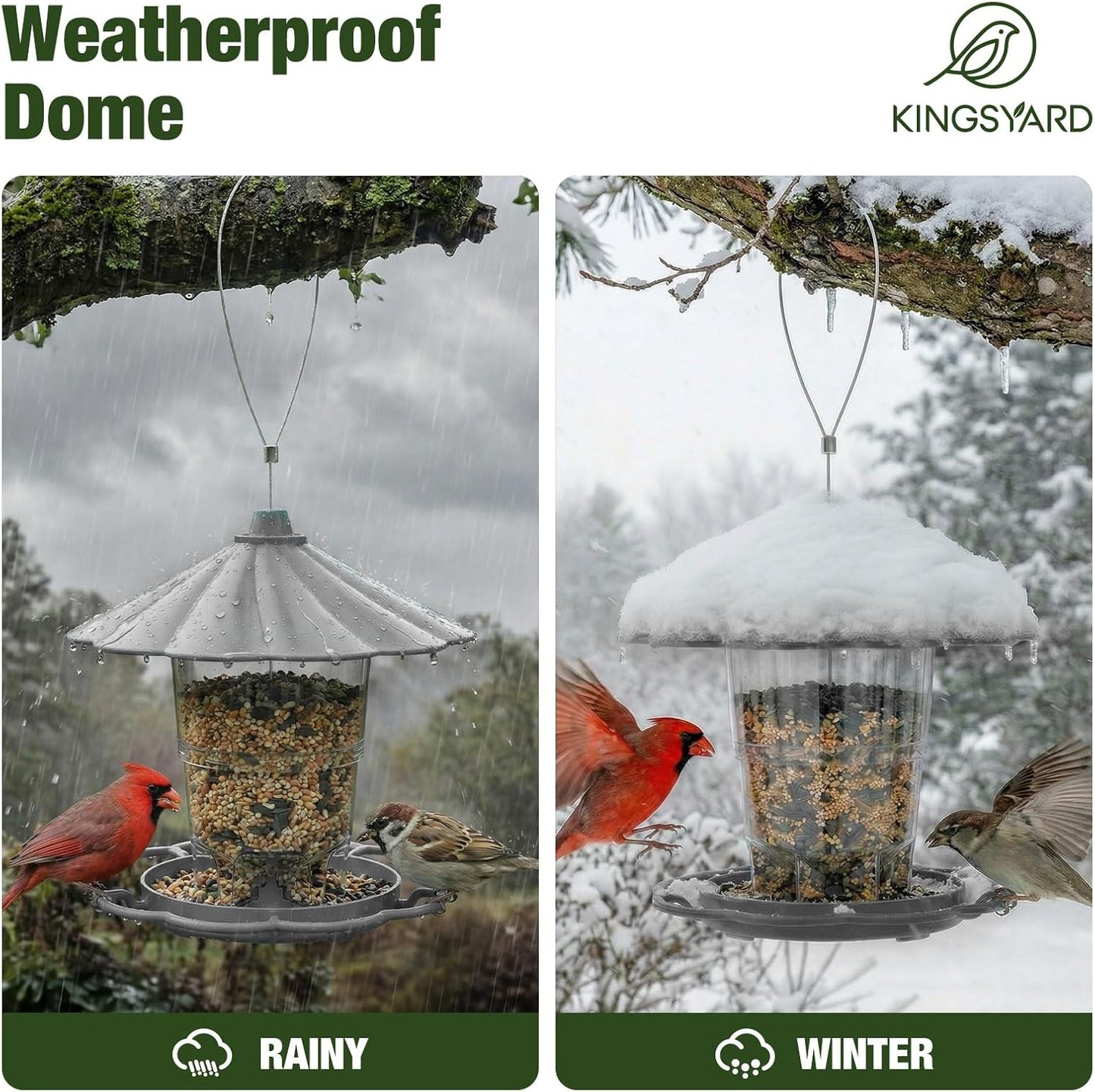 Kingsyard Bird Feeder for Outside Outdoors Hanging, Adjustable Hopper Feeders with Wide Seed Tray and Rainproof Roof, Wild Birds Feeder for Garden Backyard Decoration, 1 Pack, Grey