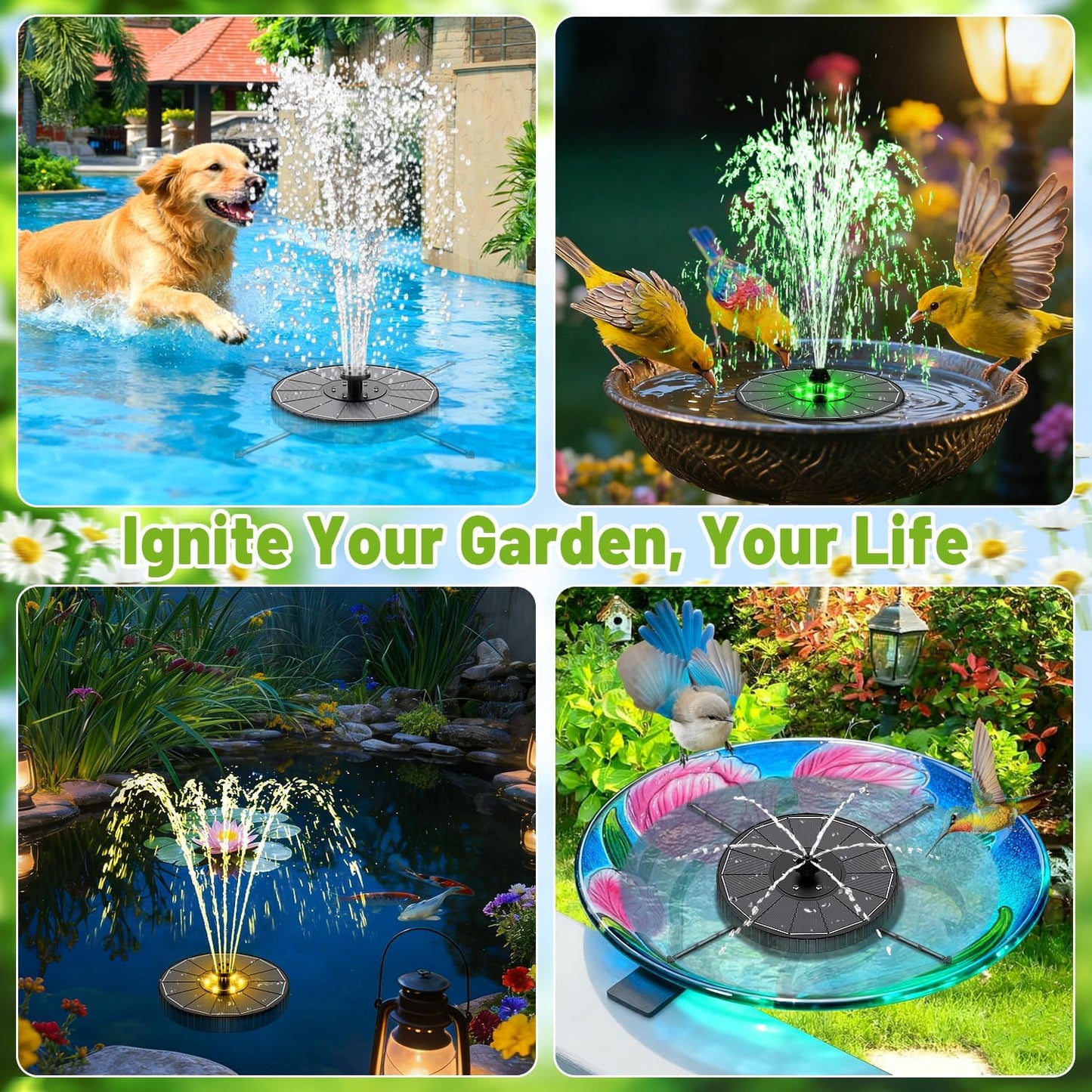 Solar Fountain with 3 Spray Height, Colorful Led Lights, 3.5W Glass Solar Bird Bath Water Fountain with 2000mAh Battery, 4 Rotating Rods and 7 Nozzles for Hummingbird Bathing, Outdoor Decor