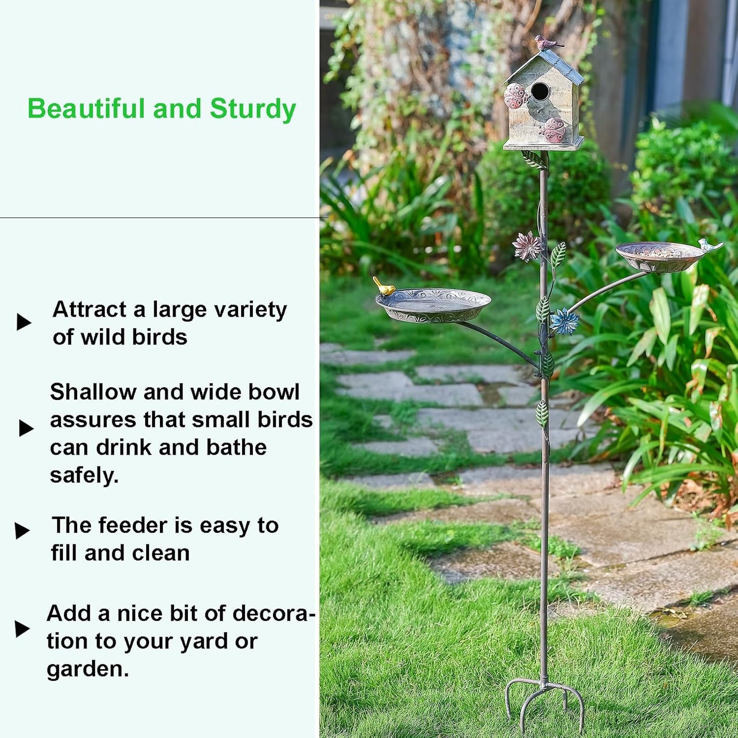69" H 3-in-1 Metal Bird House with Stake - Free Standing Bird Bath & Feeder Bowl for Outdoors, Birdhouse on Pole for Garden Yard Decor