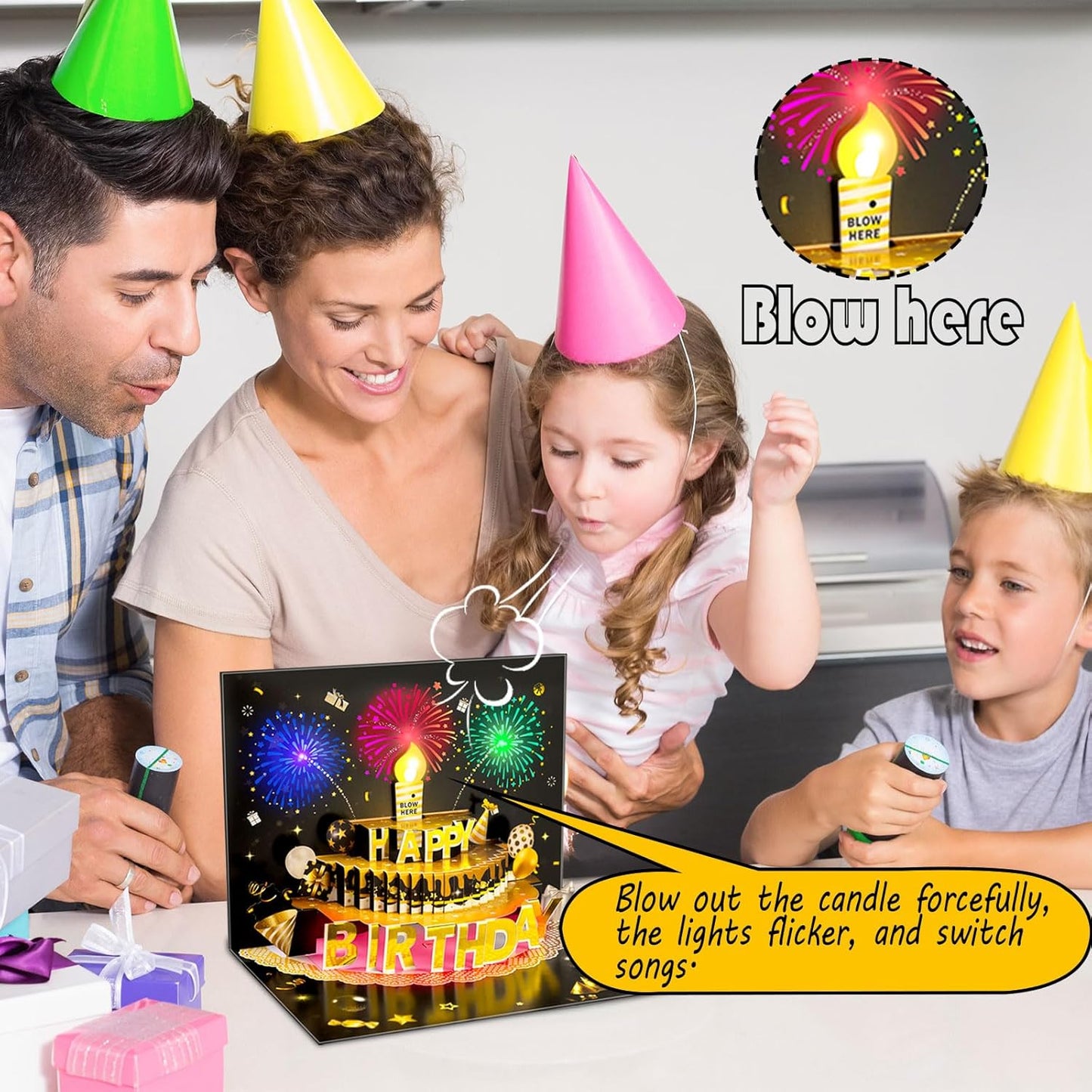 Pop Up Birthday Cards for Men - LED Light & Music with Blow The Candle