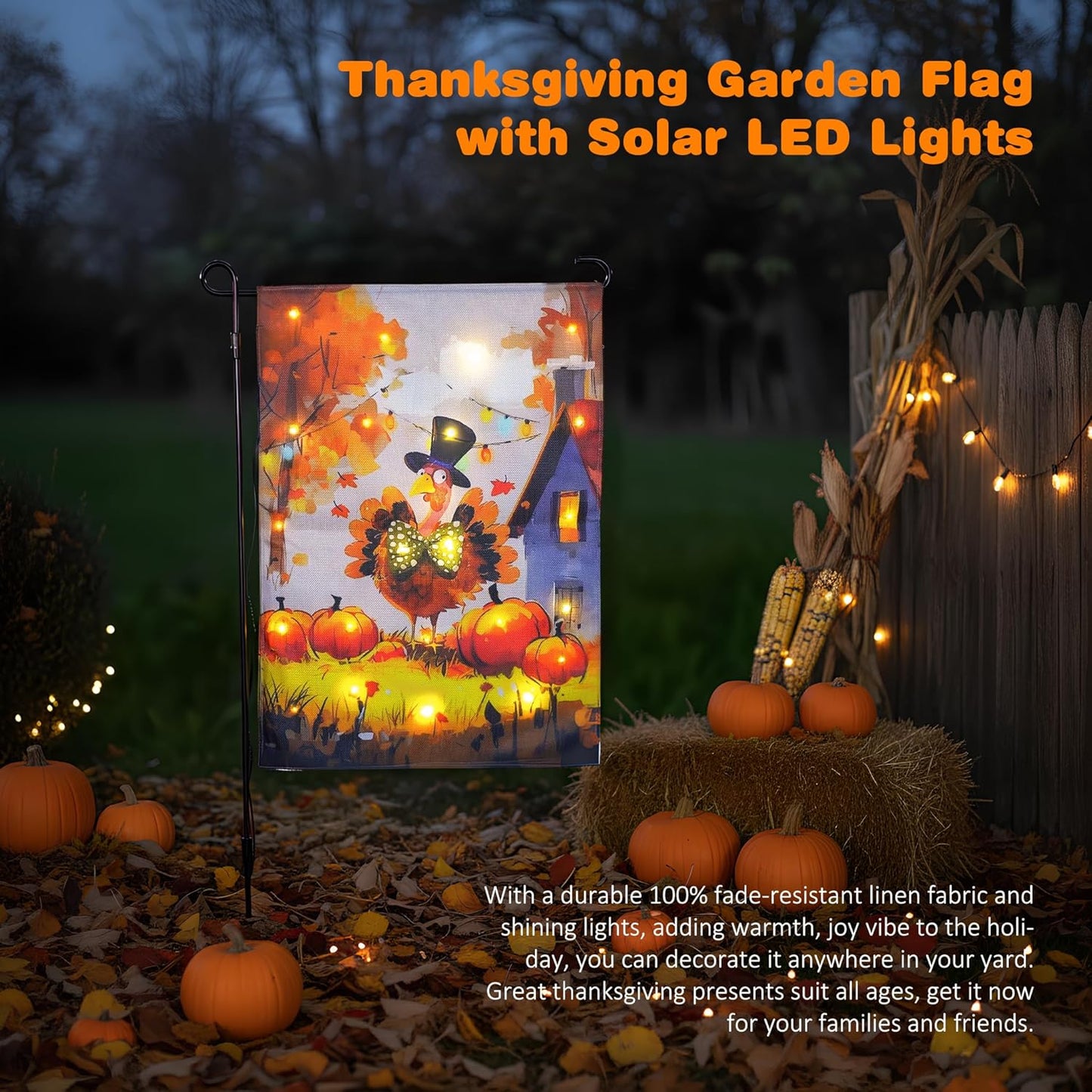 Thanksgiving Lighted Fall Garden Flag, Solar Outdoor Decorative Led Flags Yard Decor, 8 Lighting Modes Led Flag,12x18 Double Sided Turkey Pumpkin Halloween Decorations for Home Porch Outside