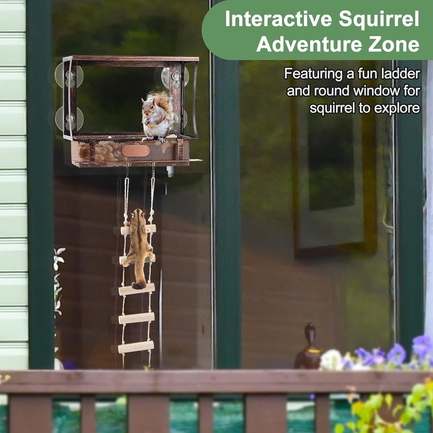 Enhon Window Squirrel Feeder, Metal Squirrel Feeders for Outside Winter with Strong Suction Cups & Ladders, Safe Funny Chipmunk Feeder, Feeding Shelter for Squirrels for Corn Peanuts