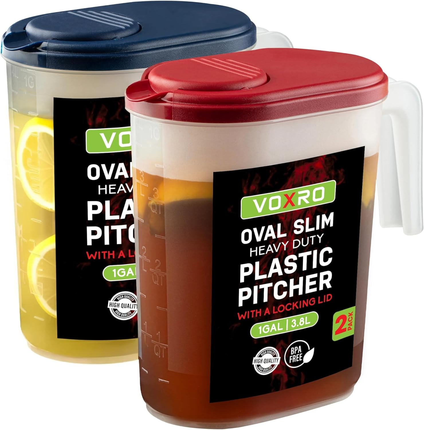 2-Pack Oval Slim Plastic Pitchers With Lids – 1 Gallon, Flip-Top Pivot