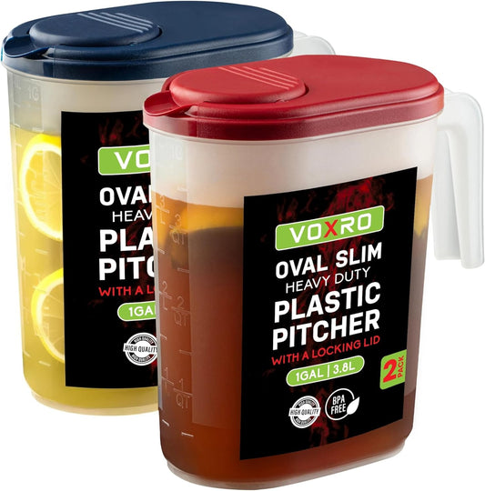 2-Pack Oval Slim Plastic Pitchers With Lids – 1 Gallon, Flip-Top Pivot