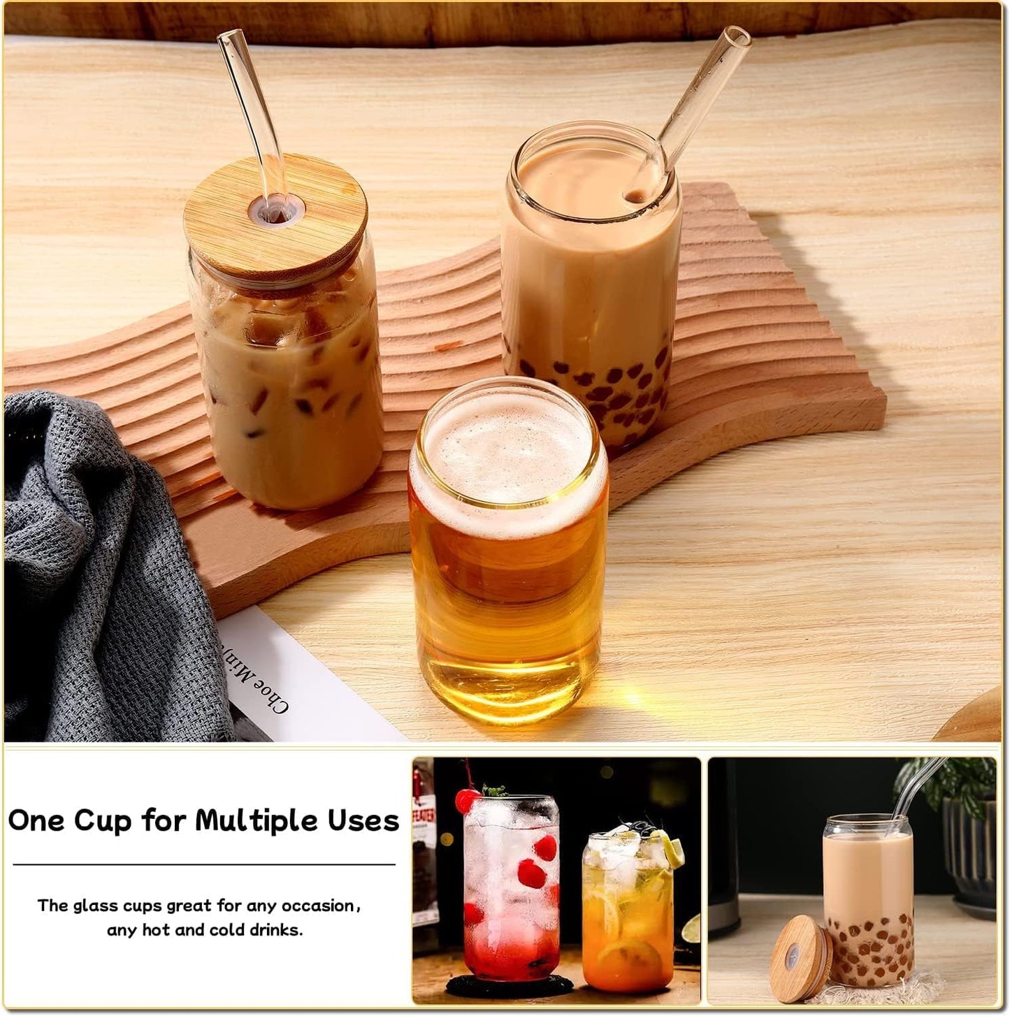 DWTS DANWEITESI Glass Cups with Lids and Straws 4 pcs,16oz Drinking Gl