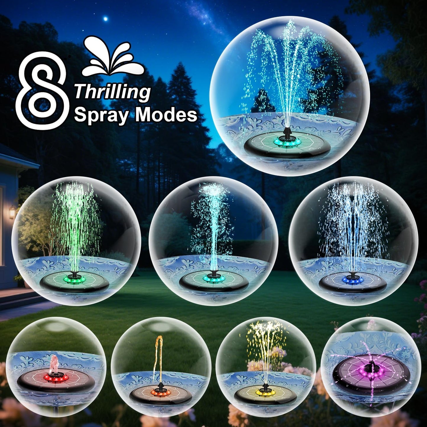 Solar Fountain UFO Style, 2026 Upgrade 5W Glass Solar Panel Bird Bath Fountain with LED Lights, 4000mAh Backup Battery, 7 Nozzles for for Garden, Pond, Pool, Patio Outdoor Water Feature