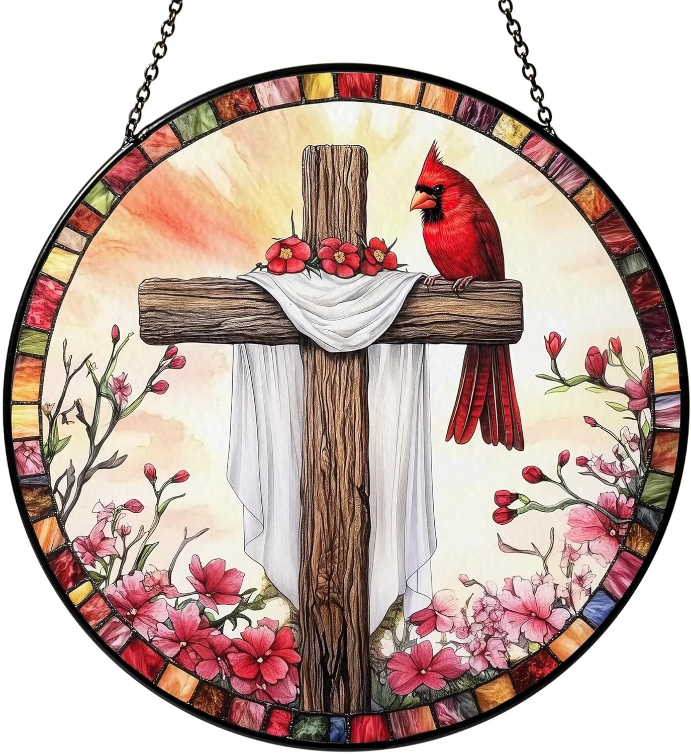 Red Cardinals Cross Suncatcher Stained Glass Window Hanging Christian Gifts for Women Faith Home Decorations Jesus Gifts for Women of God Christmas Mothers Day Religious Catholic Religion Bible Gift