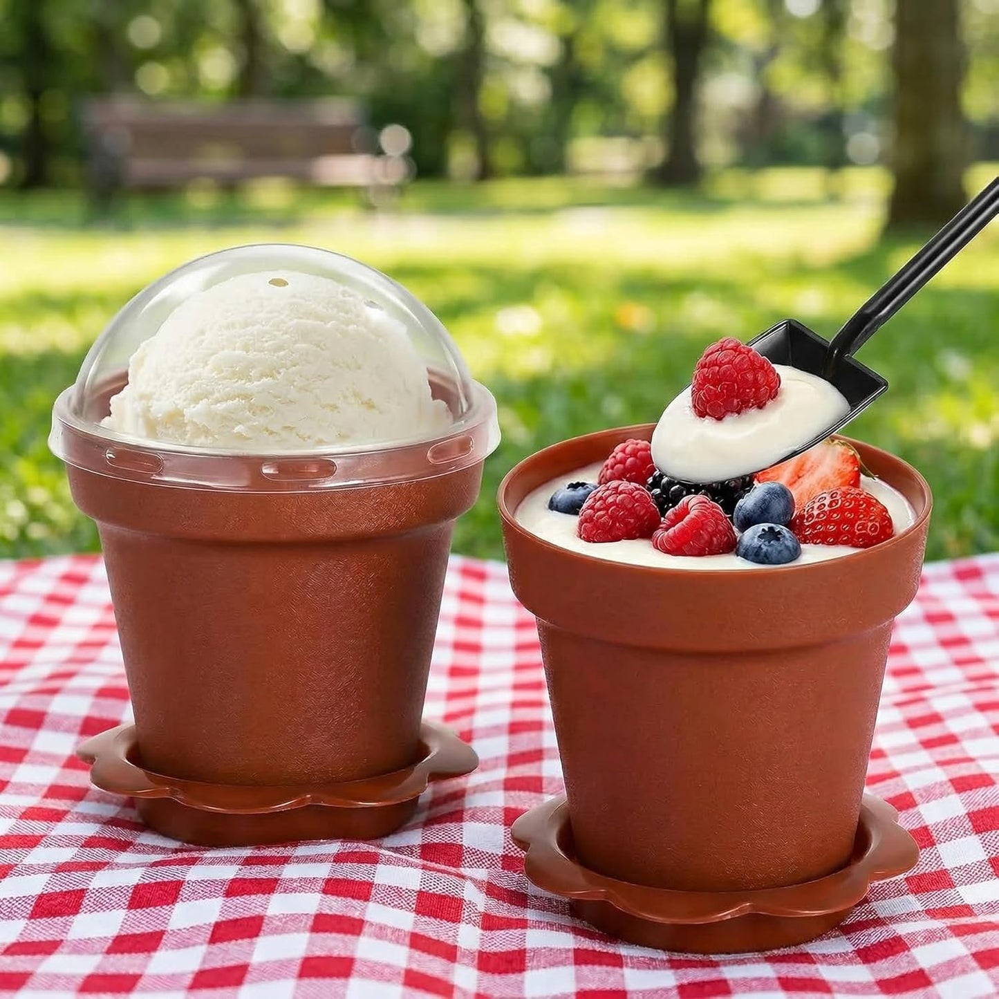 DOITOOL 20 Pack Flower Pot Dessert Cups with Lids and Spoons, 6.7 oz Mini Plastic Chocolate Pudding Cups, Cute Mini Flowerpot for Ice Cream, Dirt Cake, Fruit Trifles, Pudding, Yogurt, Mousse