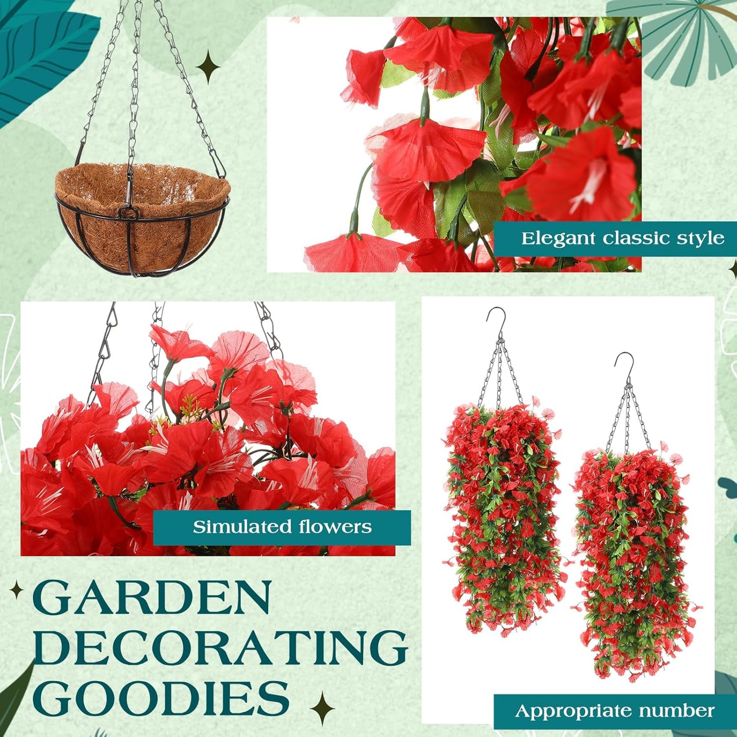 Hotop 2 Set Artificial Flowers with Hanging Basket Includes 6 Pcs Morning Glory Vines Faux Outdoor Hanging Plants Waterproof UV Resistant Fake Flowers for Patio Spring Summer Decor(Red)