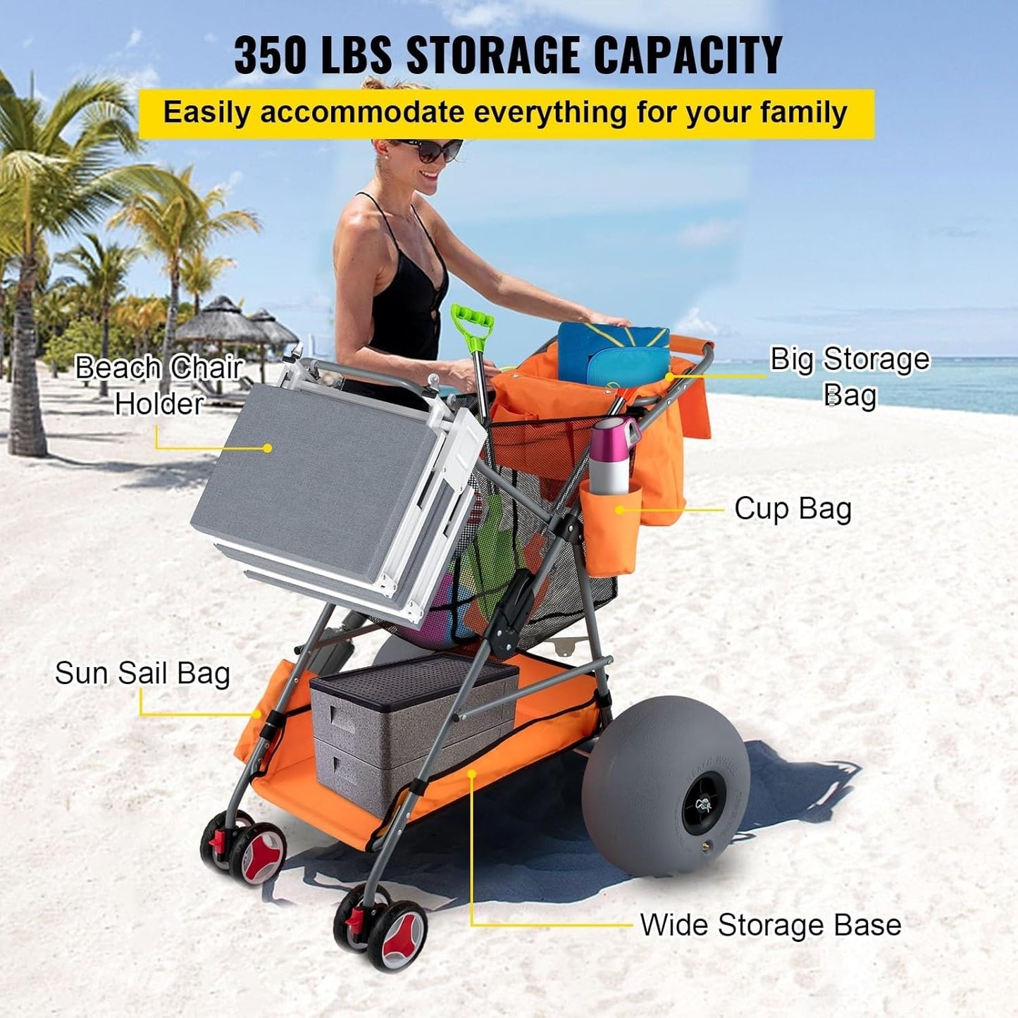 Folding Wagon Cart Orange/Blue Portable Outdoor Camping Beach Multifunction Adjustable Handle for Picnic Bbq Trolley,High Efficiency(Orange)