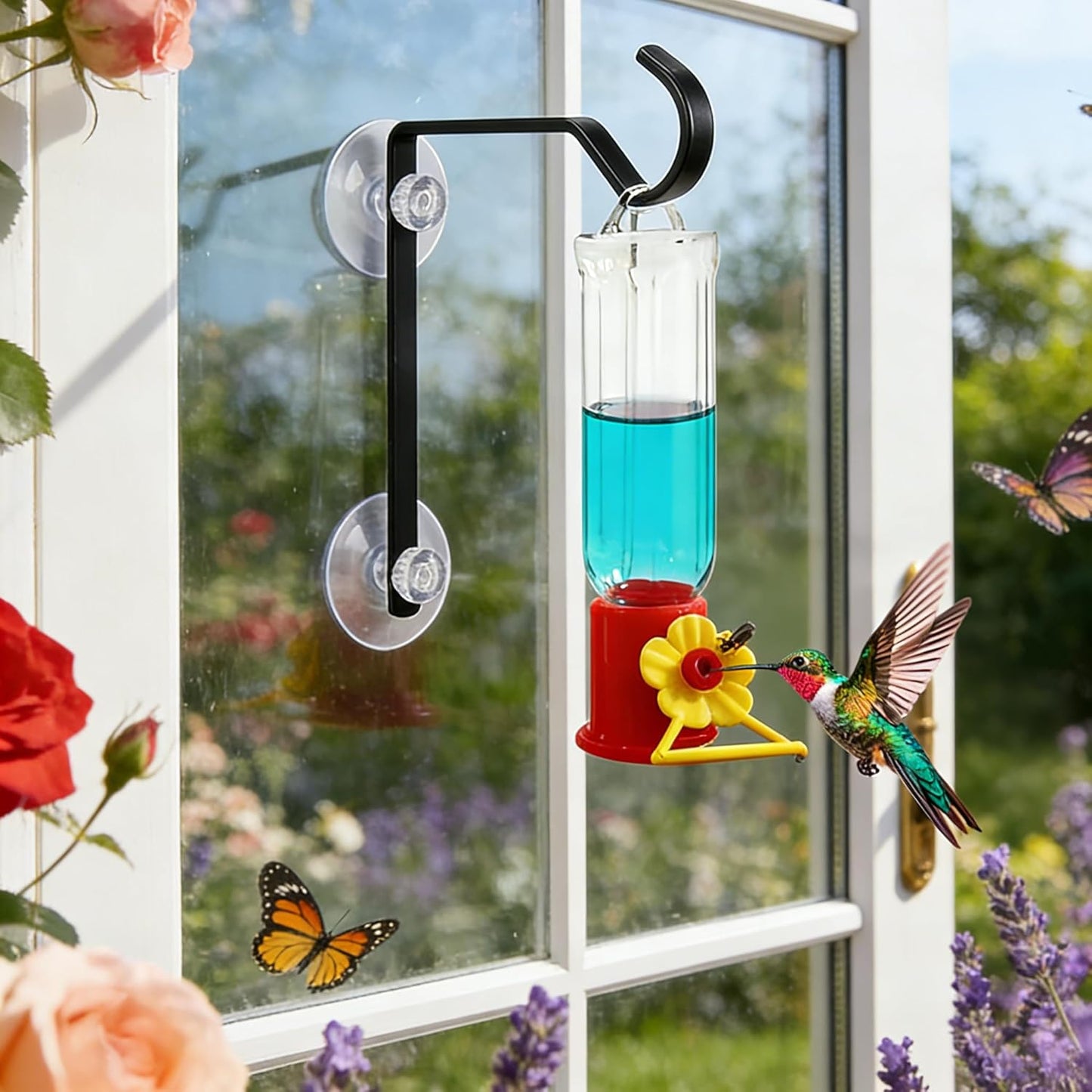 2 Pack Window Bird Feeder with Strong Suction Cup Hanger, Hummingbird Feeder for Outside Window, Hanging Hook for Wind Chimes & Plants - Garden Yard Decor