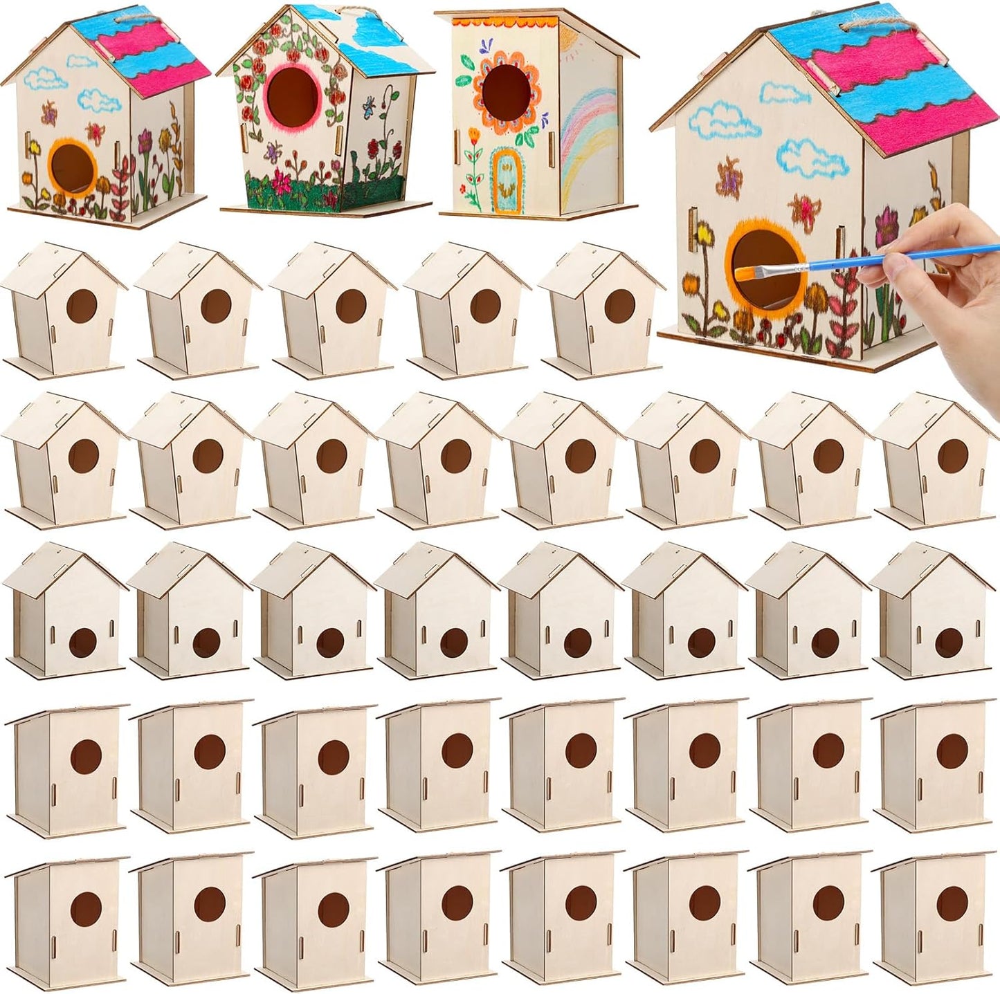 DoubleFill 48 Pcs Bulk Wooden Bird Houses Kits for Kids DIY Bird House Kit Unfinished Wood Birdhouse Wooden Crafts to Paint, Build, and DIY for Valentines Crafts Classroom Activity, 3 Styles