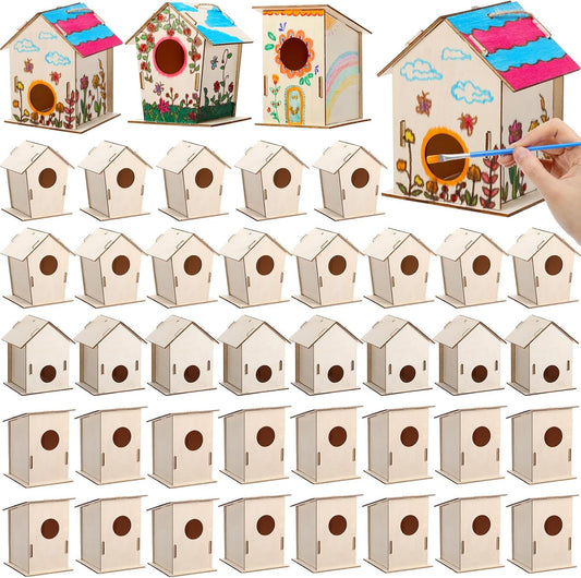 DoubleFill 48 Pcs Bulk Wooden Bird Houses Kits for Kids DIY Bird House Kit Unfinished Wood Birdhouse Wooden Crafts to Paint, Build, and DIY for Valentines Crafts Classroom Activity, 3 Styles