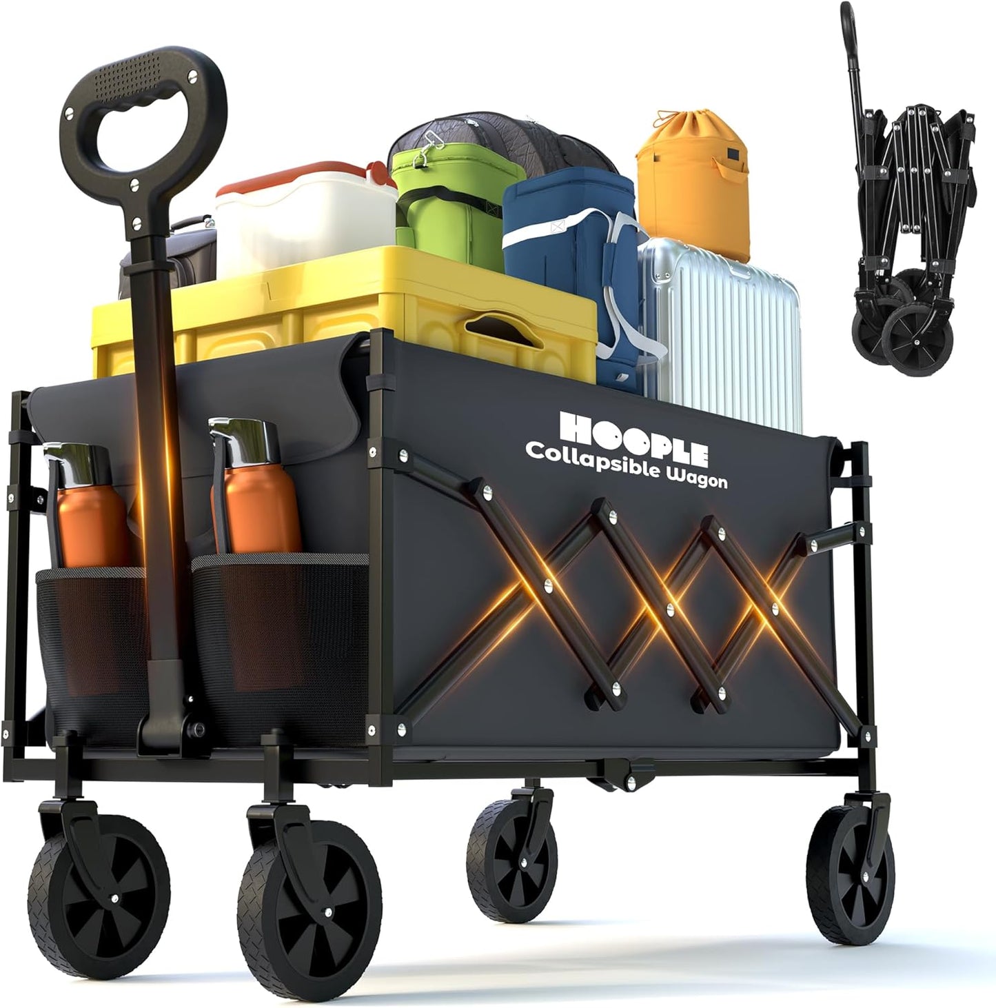Collapsible Wagon with Wheels, Wagons Carts Foldable 220 lbs Heavy Duty, Folding Utility Wagon Cart with All-Terrain Wheels, Telescoping Handle & 2 Cup Holders for Beach Garden Grocery Shopping