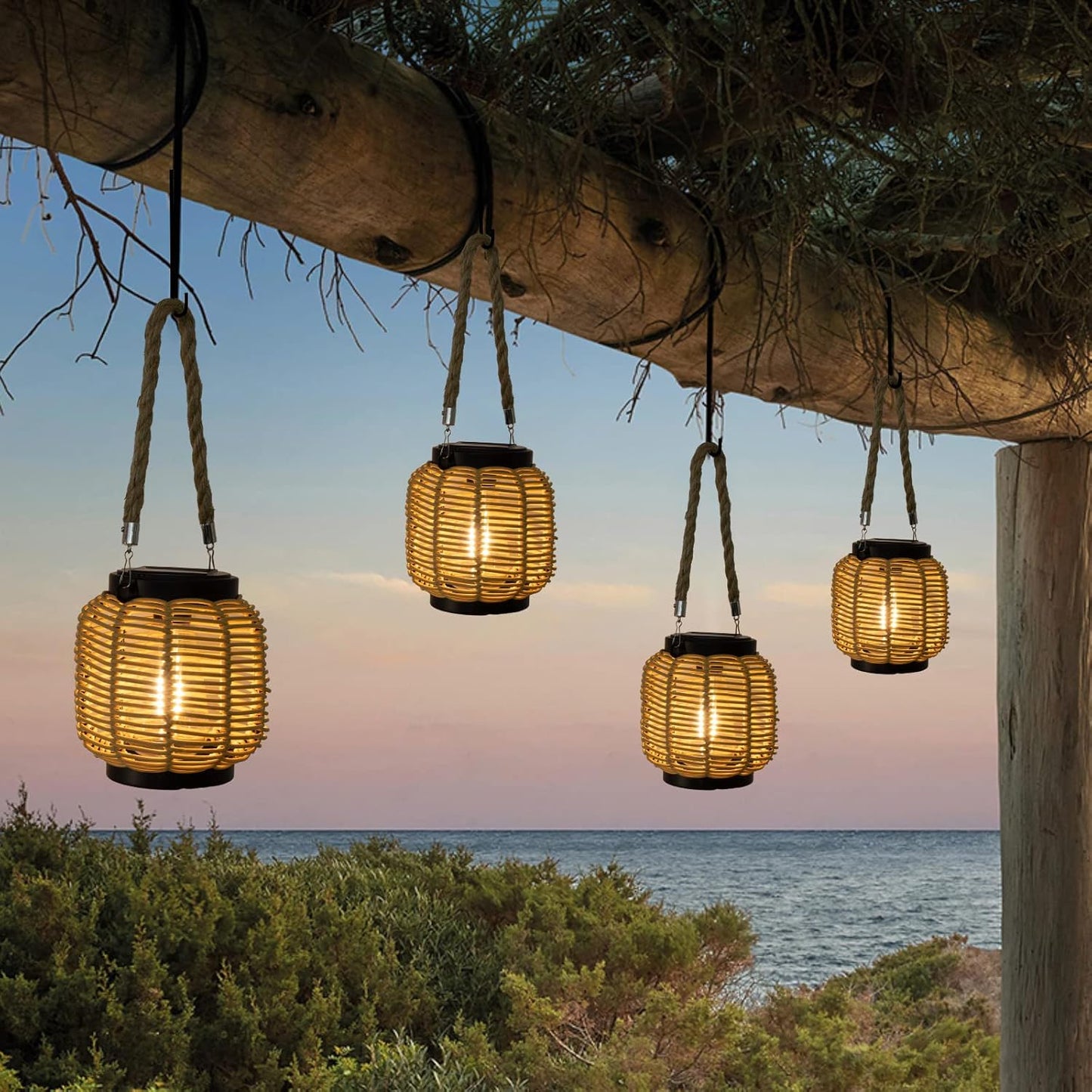 Livinlarge Solar Rattan Lantern with Twine Handle - Outdoor Waterproof Solar Lanterns for Table, Deck, Yard, Patio, Walkway, Porch & Home Decor