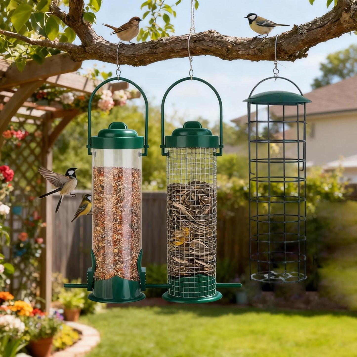 Outdoor Bird Feeder, Metal Weatherproof Set, 3-Piece Garden Feeding Advantage, Powder-Coated Steel Kit, Wild Bird Accessory with Squirrel Guard, Hummingbird Chickadee Finch Feeding for Yard Patio