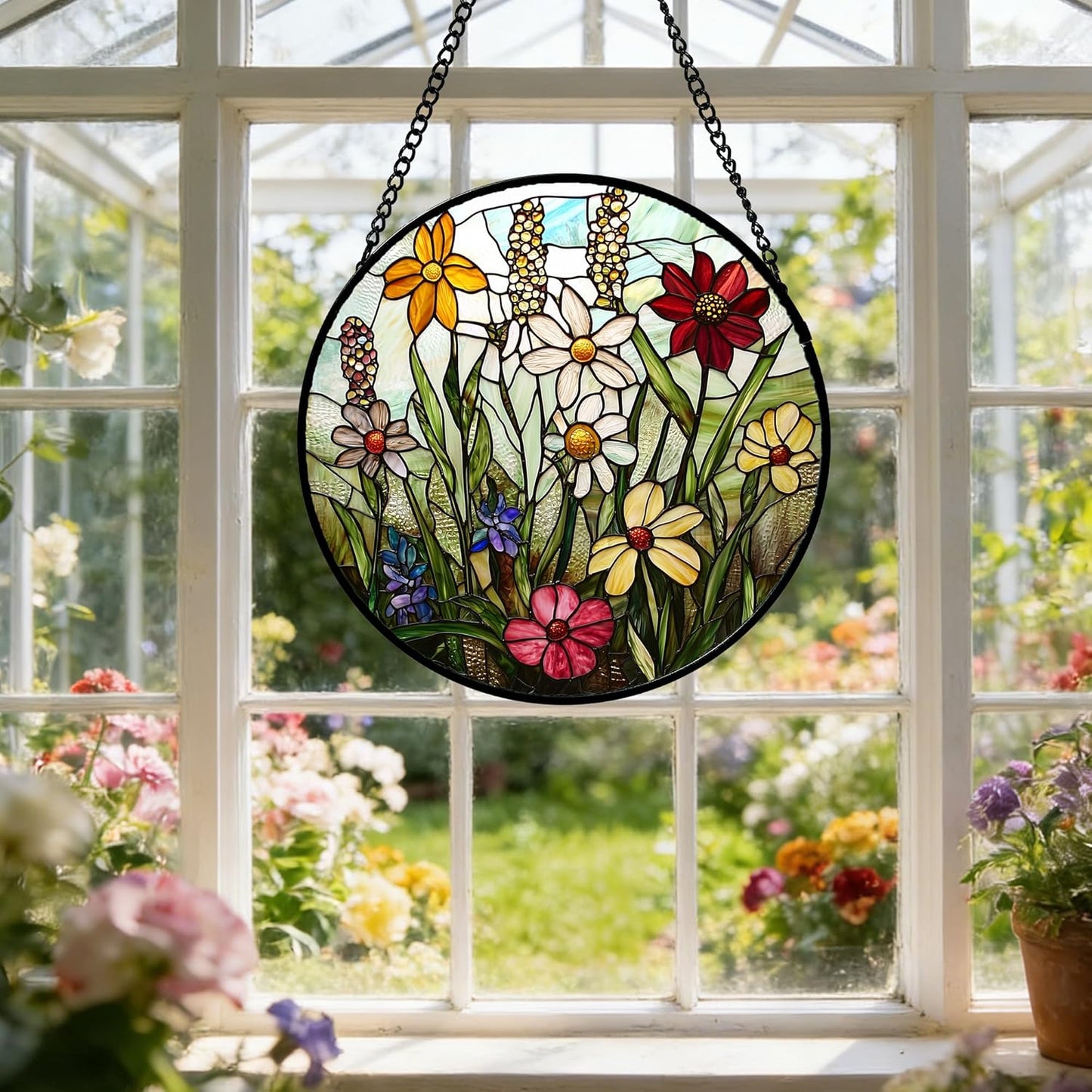 Stained Glass Window Hanging, Colorful Wildflowers Plant Scenery Suncatcher for Doors Window Home White Green Sun Catchers Decor Mother's Day Birthday Gifts for Women, Men Mom 7.8 in