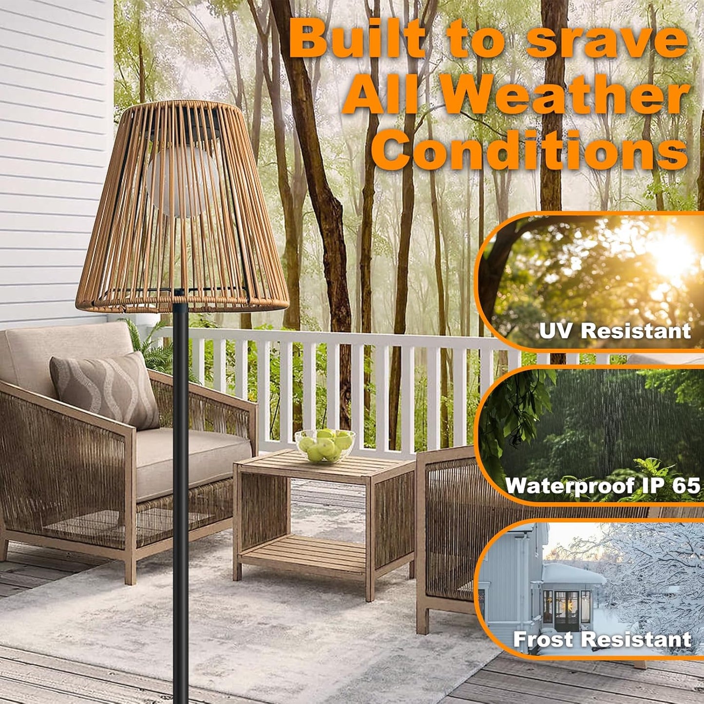 Outdoor Solar Floor Lamp, Garden Rattan Wicker Light, Metal Pole and Base, Waterproof Yard Garden Wedding Home Decor Light -Brown