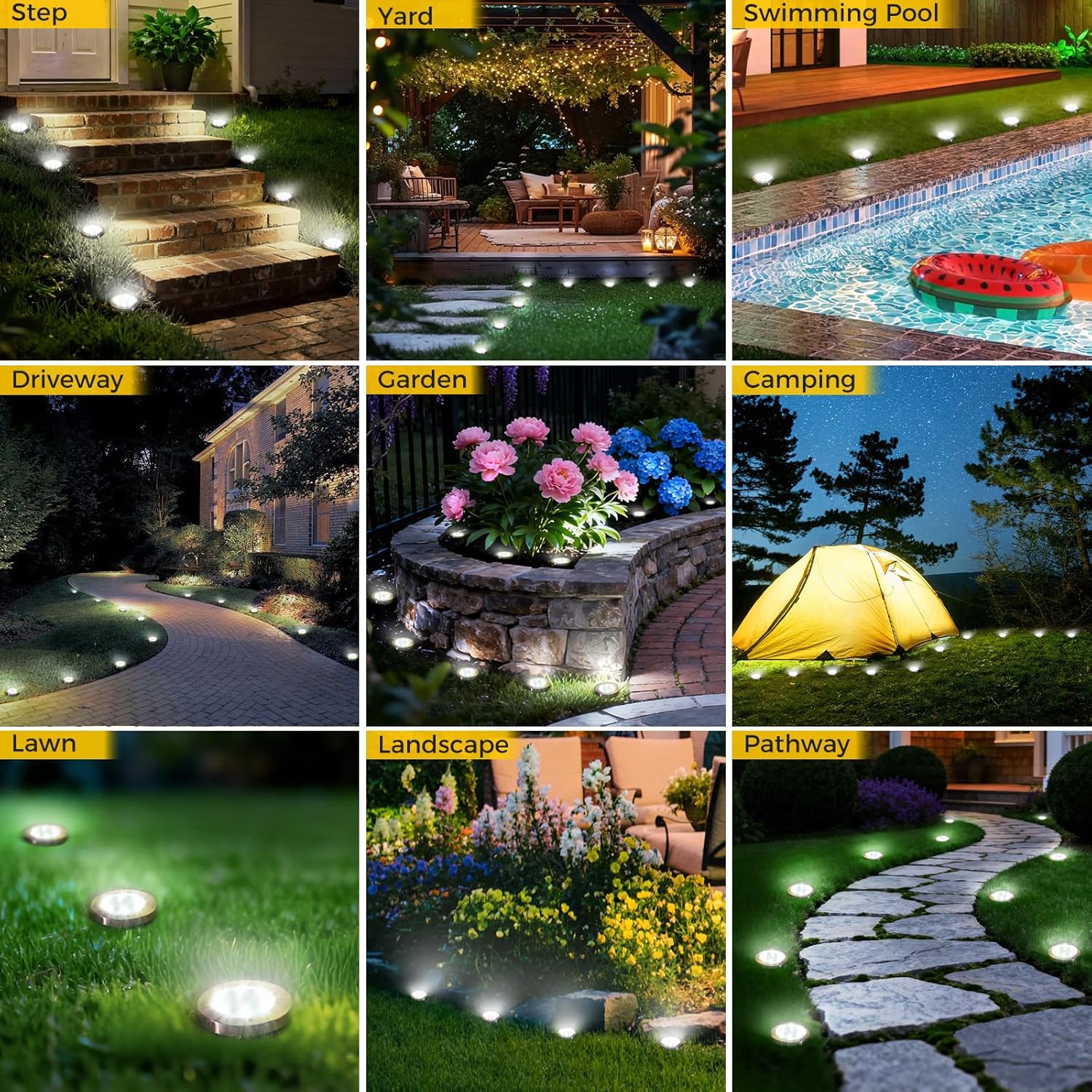 6 Pack Solar Ground Lights Outdoor, 8 LED Mini Flat Solar Disc Lights,
