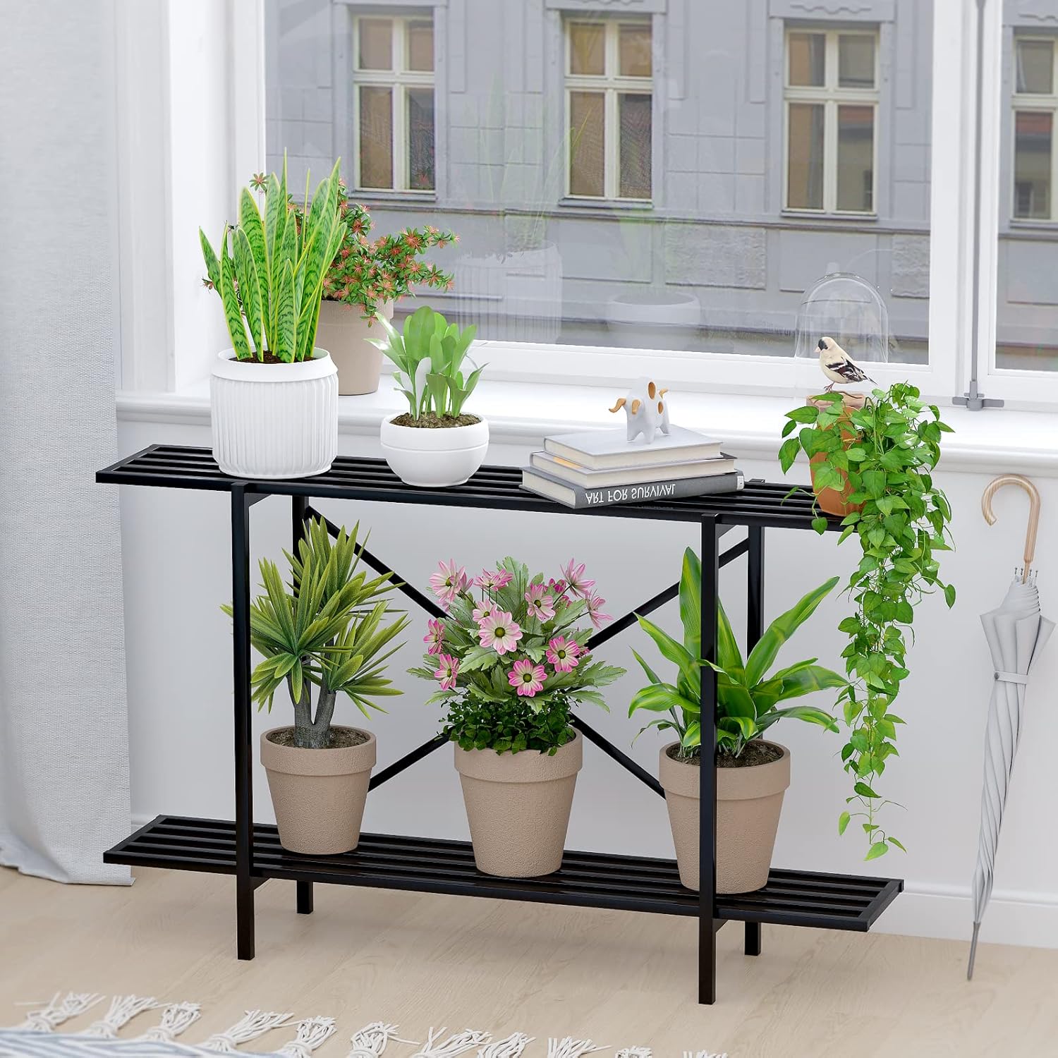 Zhongma 2 Tier Window Height Metal Sturdy Heavy Plant Stand, Narrow Pl