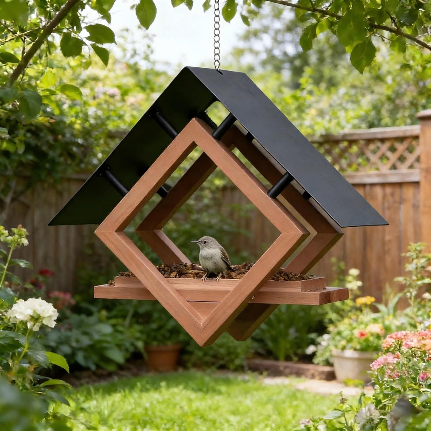 Wooden & Heavy Duty Metal Hanging Bird Feeder Outdoor, Squirrel Proof Wild Bird Feeder, Iron Art Decor for Garden Yard Patio