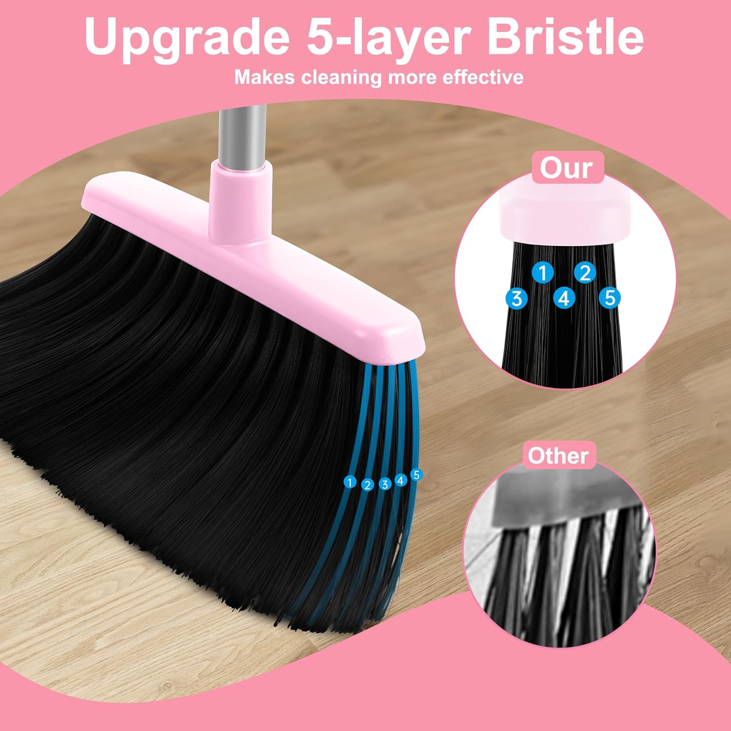 Pink Broom and Dustpan Set, 52” Long Adjustable Handle Broom with Dust