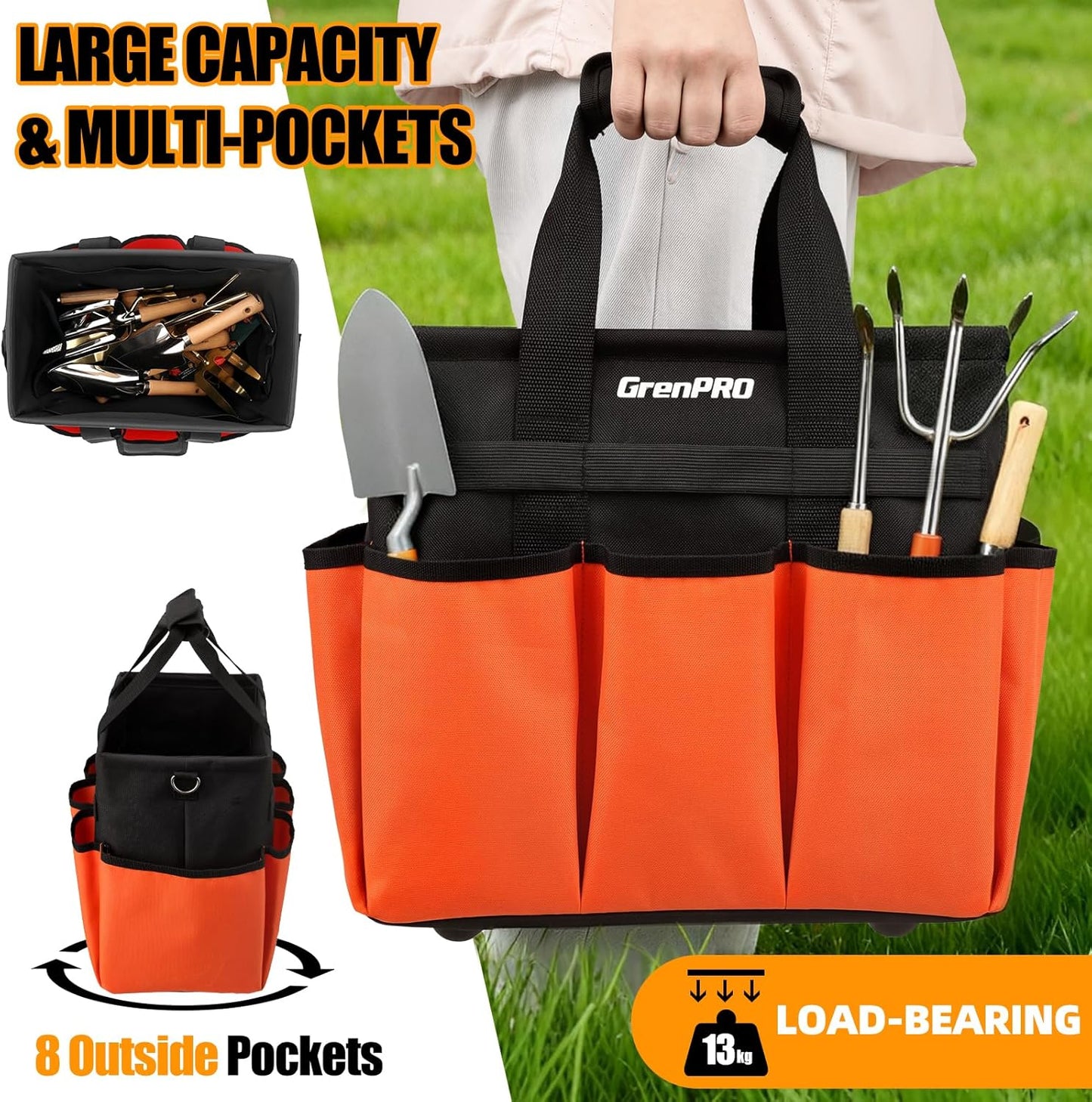 Garden Tool Bag Organizer, Heavy Duty Gardening Tote Toolbox with 10 P