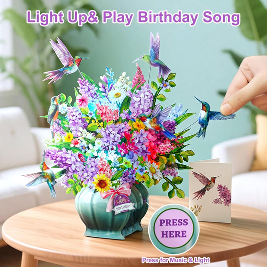 Birthday Cards, Light and Music Happy Birthday Card, Hummingbird Oasis, 10 Inch Life Sized Forever Flower Bouquet, 3D Pop Up Birthday Gift Card for Women Wife Mom Daughter Sister (Blank Notecard & Envelope)