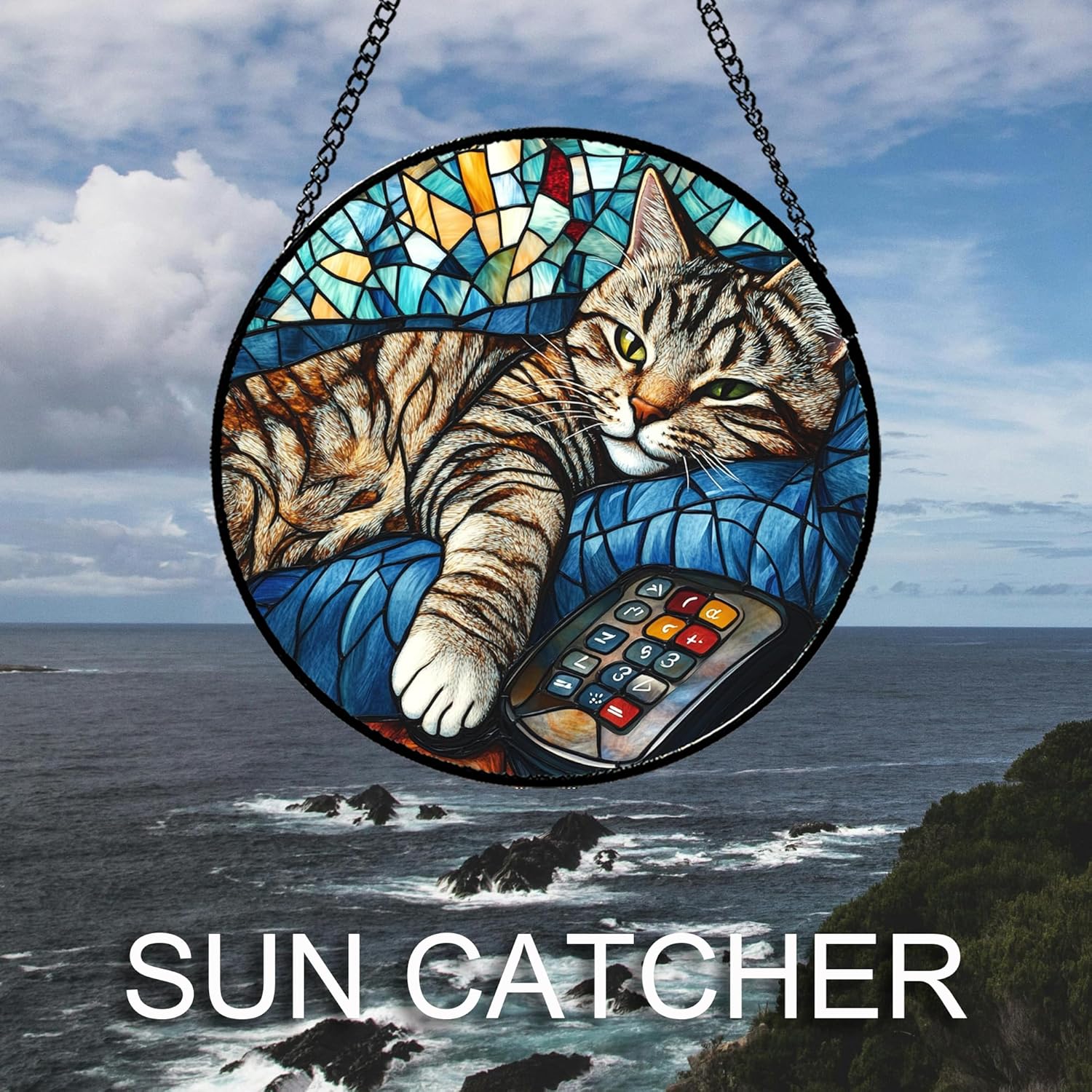 Stained Glass Window Hanging Gray Cat and Remote Control 6.3" - Suncat