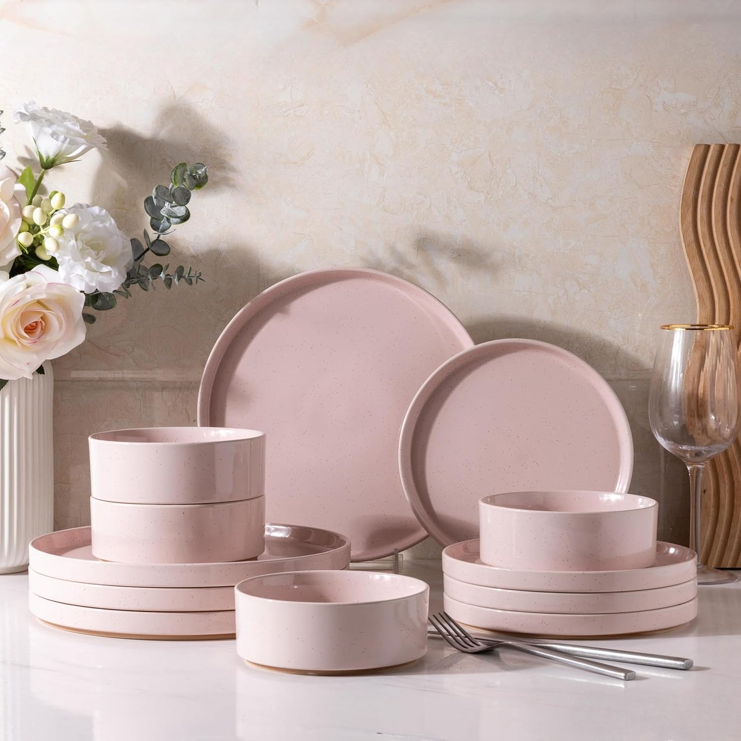 AmorArc Ceramic Dinnerware Set for 4 | Speckled Stoneware Plates and B