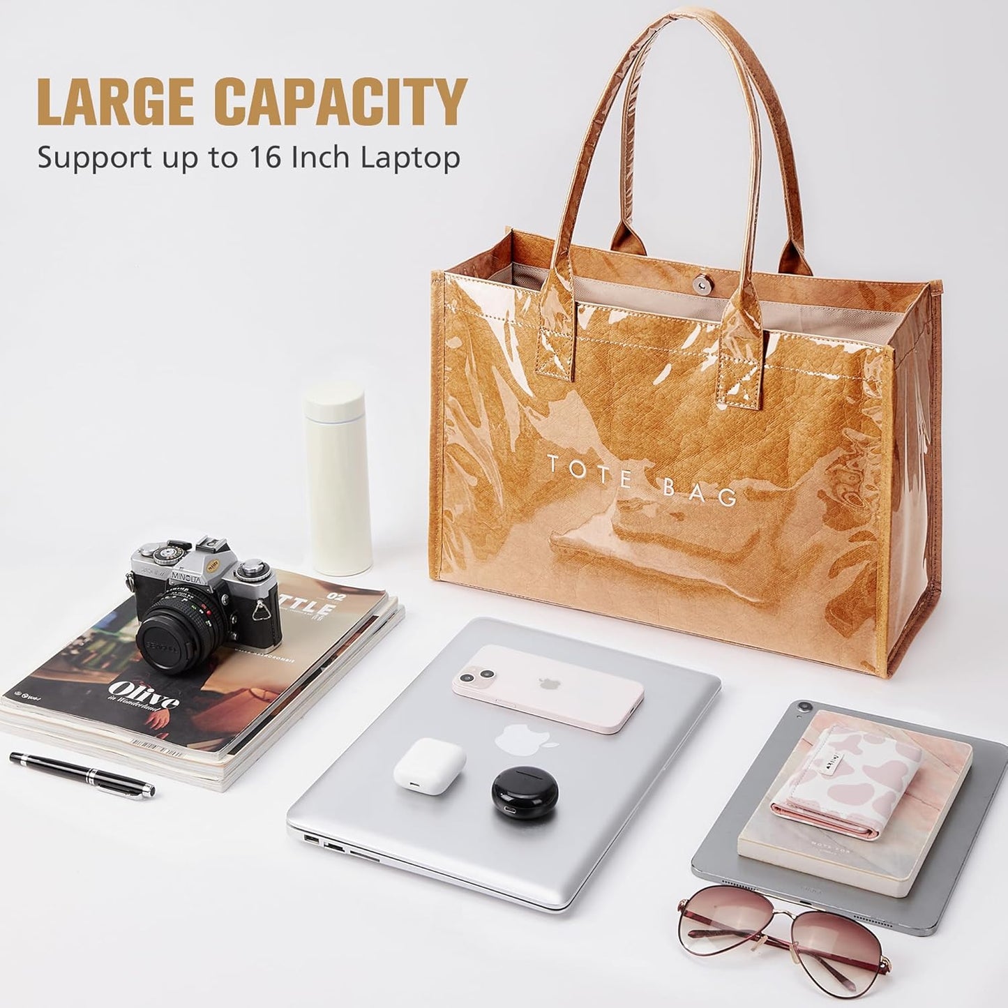 KALIDI PVC Tote Bag Women’s Kraft Paper Work Handbags Purses with Top 