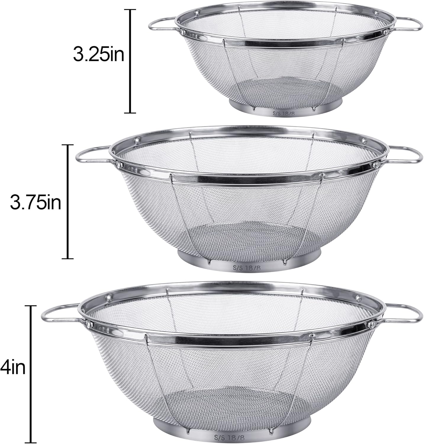 3 Pack 18/8 Stainless Steel Colander Sieves(5-Quart, 4-Quart and 3-Quart), Mesh Strainer Net Baskets with Handles & Resting Base for Strain, Drain, Rinse or Steam
