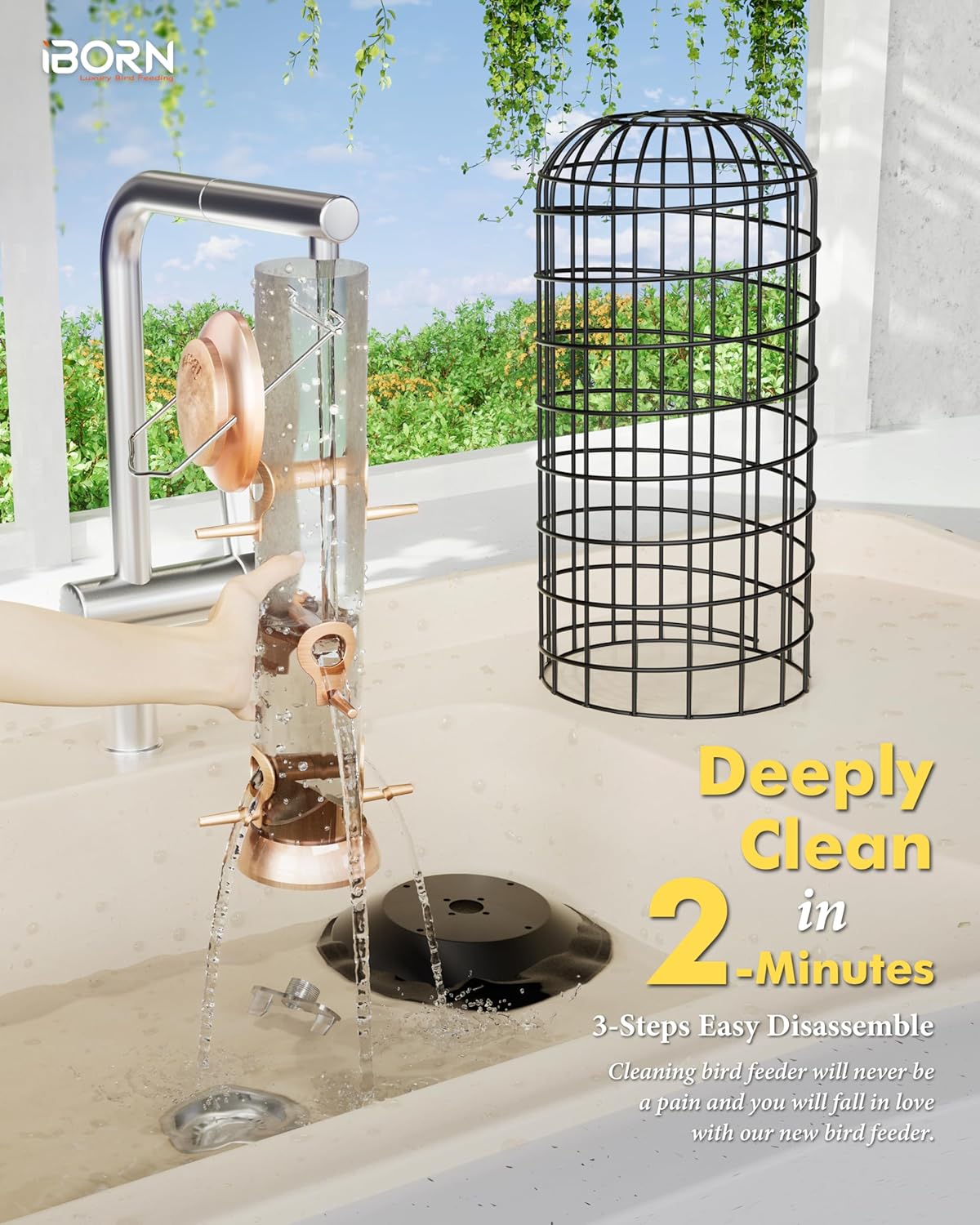 iBorn Bird Feeders Hanging - Squirrel Proof Bird Feeders for Outdoors, Pigeon Proof Caged Feeder, Heavy Duty All Metal Copper 14 Inch, Hanging Cage Feeder for Mix Seed Blends & Garden
