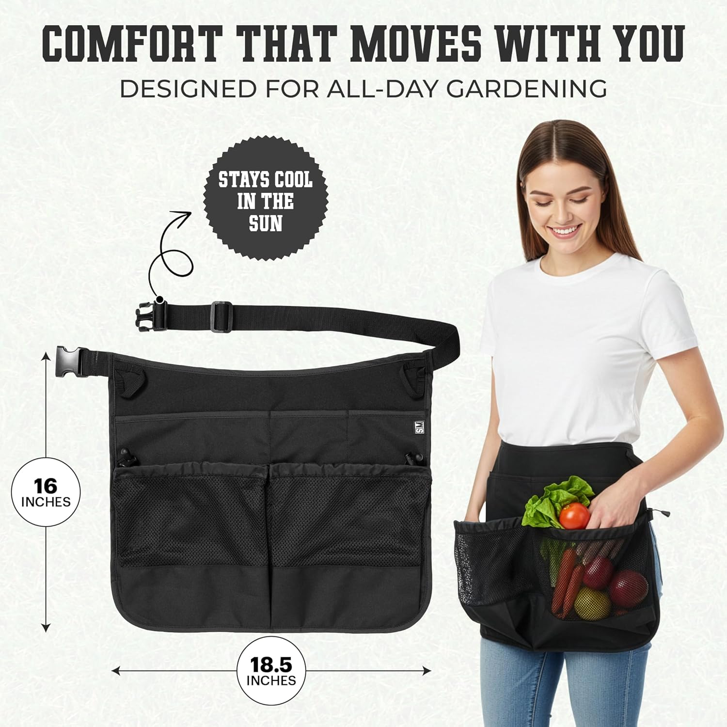 Waterproof Gardening Apron with Mesh Pouch Pockets for Tools, Fruit, V