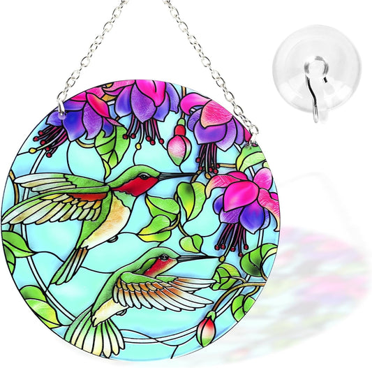 Hummingbird Stained Glass Suncatcher, 6-Inch Real Glass Window Hanging with Chain, Hook & Suction Cup, Bird Sun Catcher for Windows, Hummingbird Gifts for Women