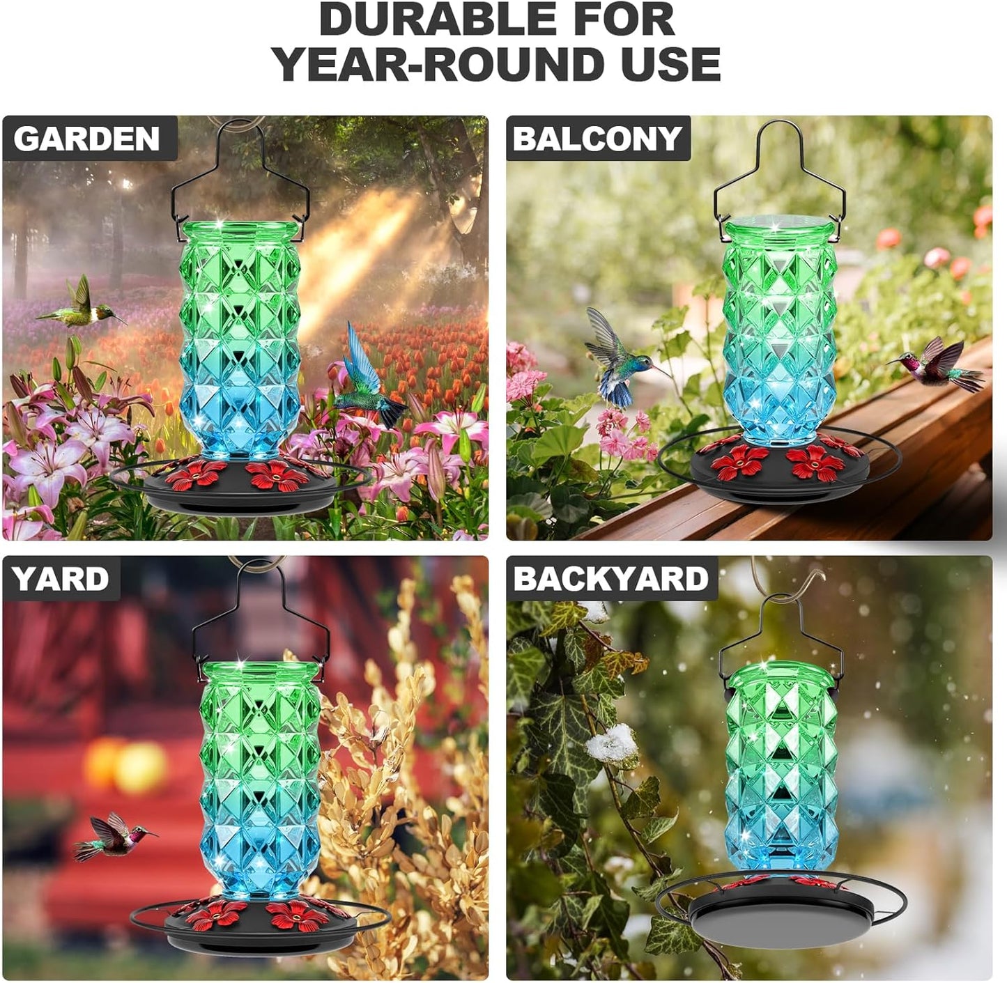 Glass Hummingbird Feeders for Outdoors, 25 Ounces Wild Bird Nectar Feeder with Perch & 5 Flower Feeding Ports Leak Proof Hanging for Garden Backyard Decor, Gifts for Women Mom, Green & Blue