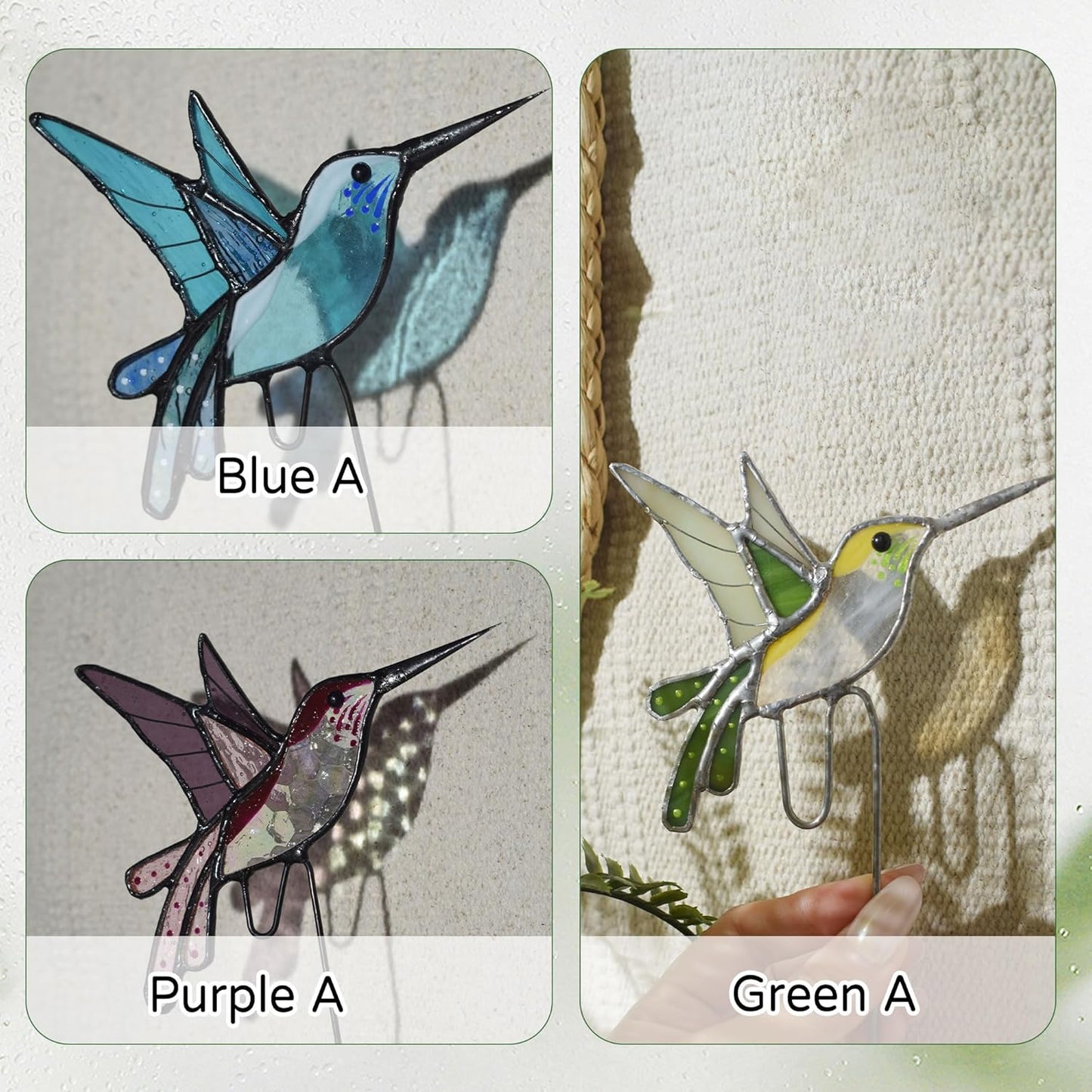 Lolitarcrafts Stained Glass Hummingbird Suncatcher for Planter Decoration – Colorful Glass Plant Pot Ornament, Ideal as a Gift for Christmas or Other Occasions (Purple A)
