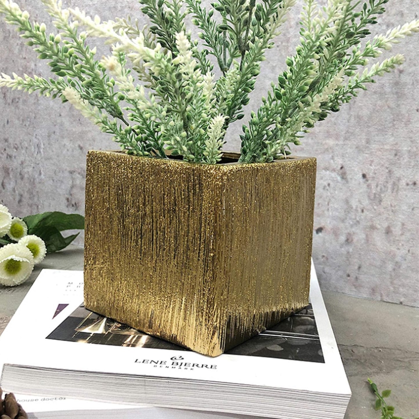 WGV Ceramic Cube Vase Width 4" Height 4" (Fits 3" Pot) Elegant Modern Block Square Floral Planter Terrarium Container Table Dresser for Event Accent Home Office Decor Gold Textured 1 Piece