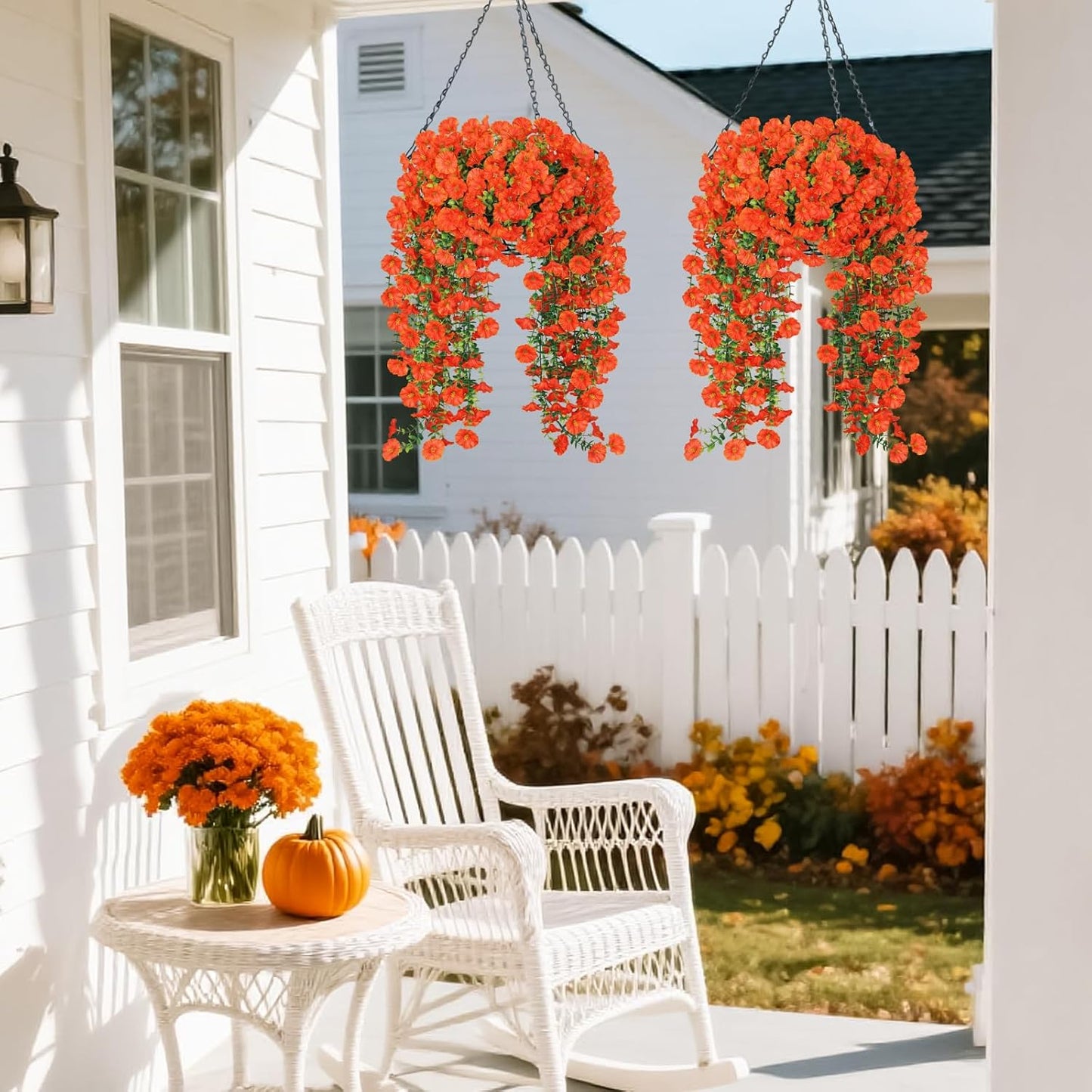Artificial Fake Fall Hanging Flowers for Outdoors, 2 PCS Faux Silk Orange Morning Glory Trailing Vines UV Resistant No Fade Hanging Plants for Autumn Home Balcony Yard Box Pot Planter Decor