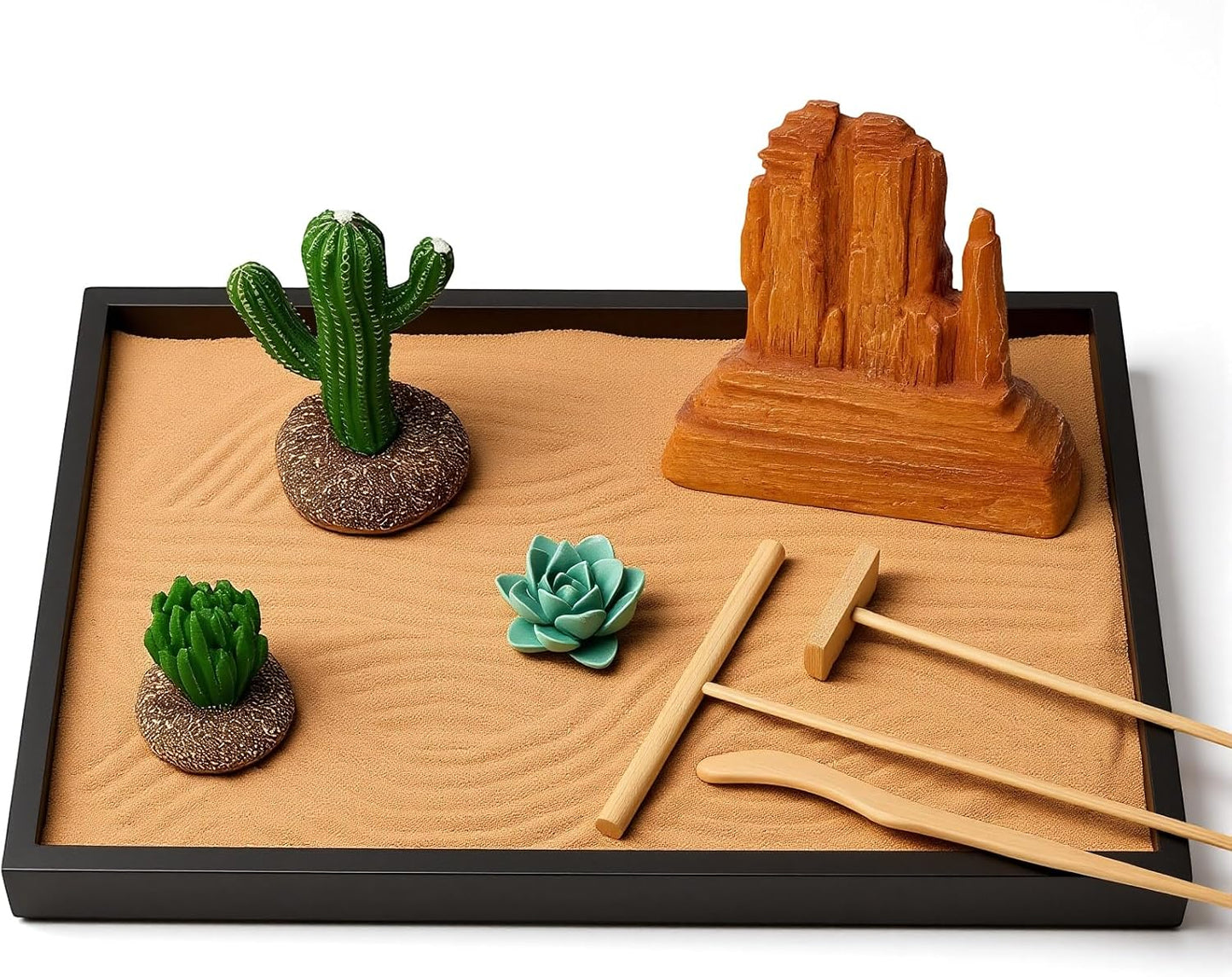 Desert Zen Garden Kit for Desk,12.6x8.6in Premium Sand Tray with 4 Artificial Features, Brown Sands, 3 Wood Tools，Mini Southwestern Desert Decor Zen Sand Garden Set for Home, Office Desk