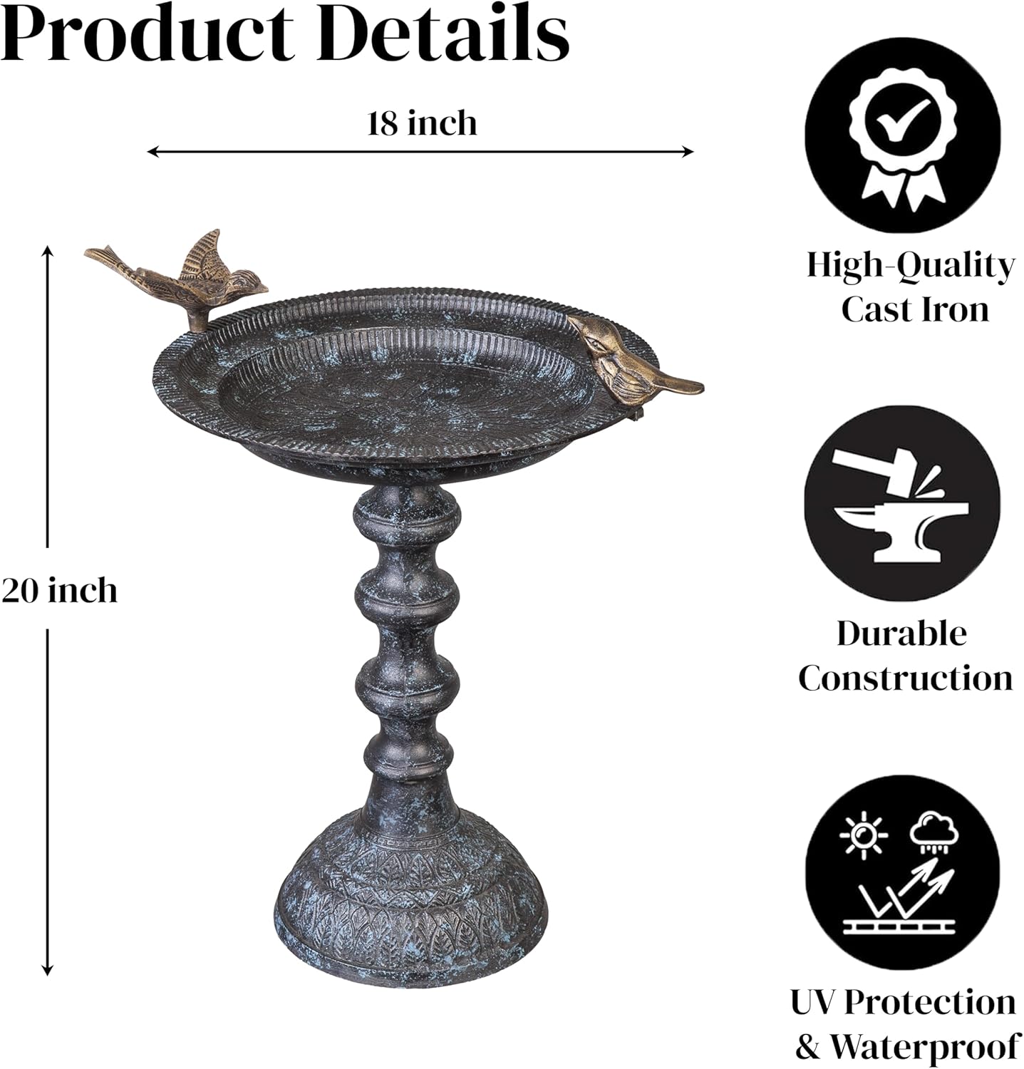 Evergreen Garden Hummingbird Bird Baths for Outdoors Heavy Duty | Metal Bird Bath Bowl with Stand | Ground Standing Bird Bath and Feeder for Garden Yard Deck