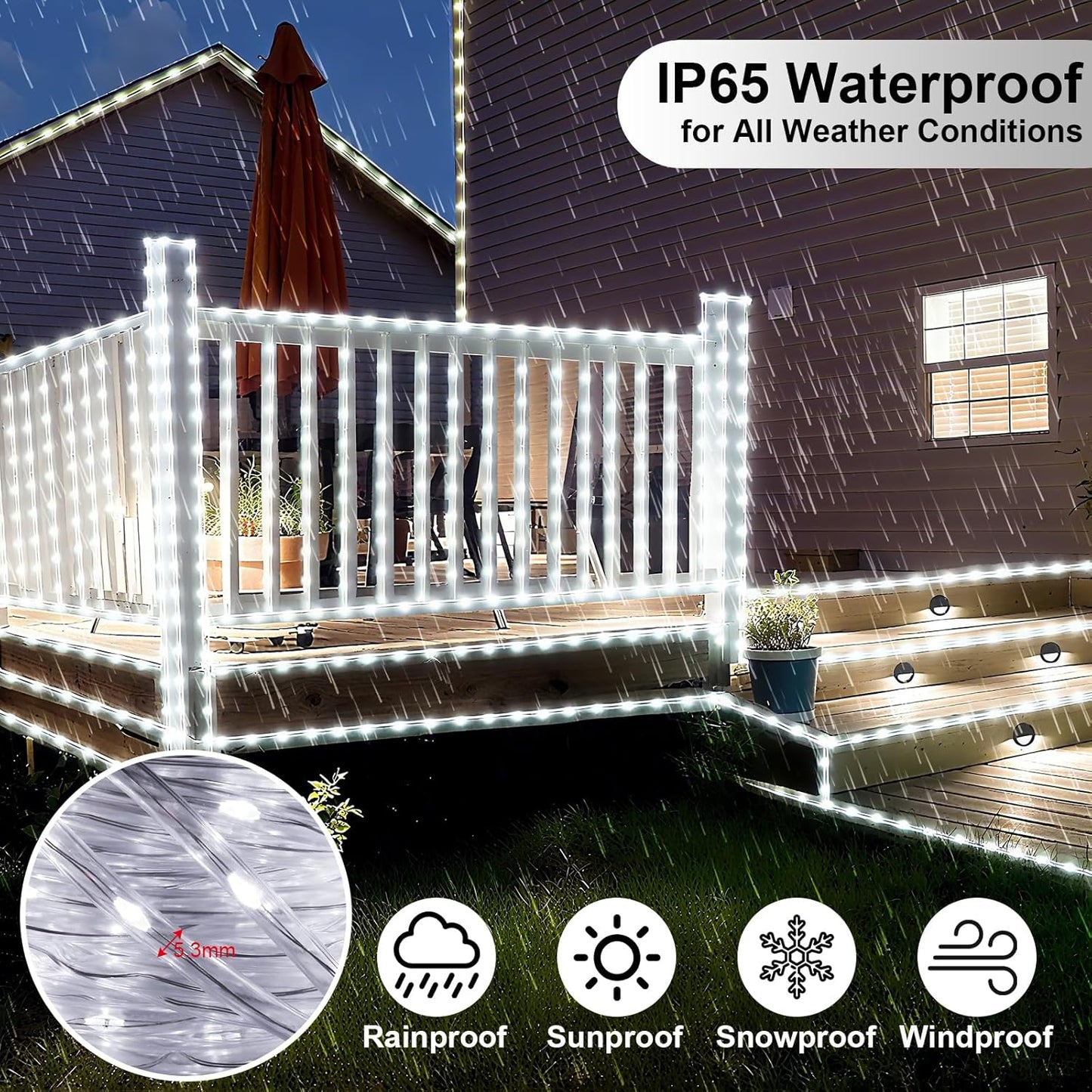 Total 66FT 200LED Solar Rope Lights Outdoor Waterproof, White Solar Powered Fairy Lights with 8 Modes, Flexible Solar String Lights for Garden, Patio, Camping, Christmas Decor-2 Pack